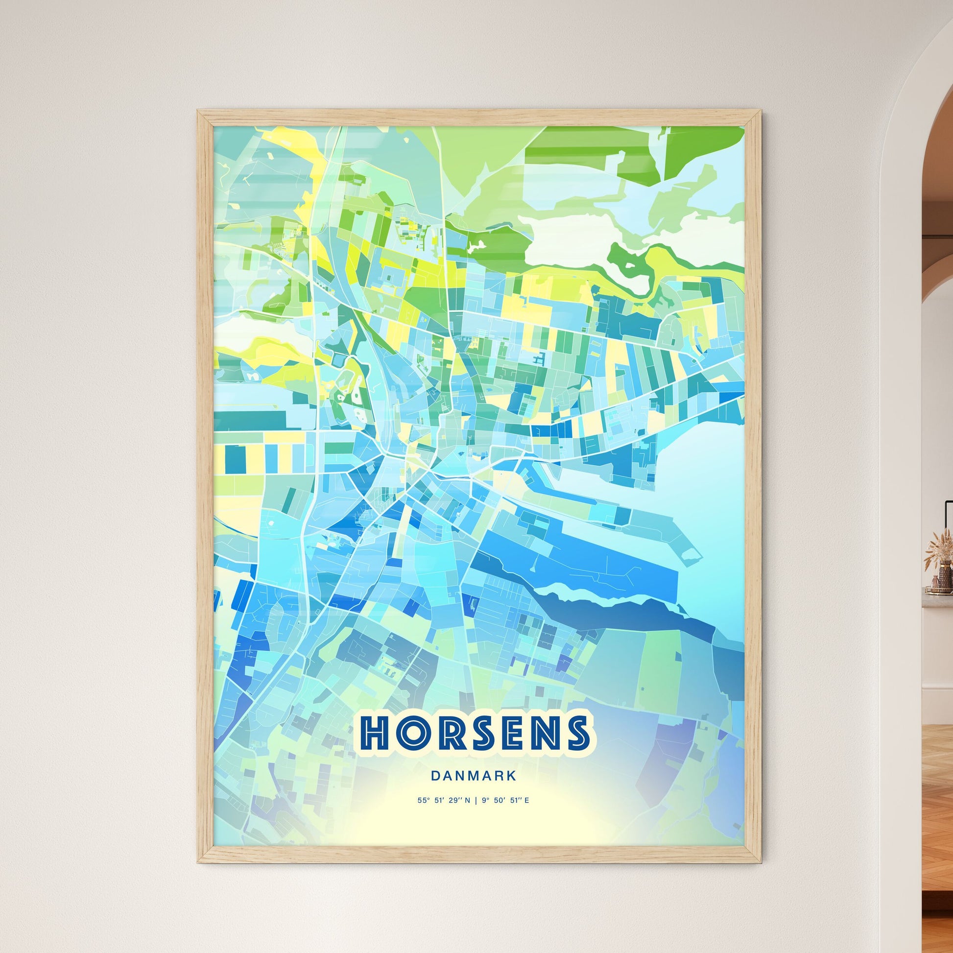 Colorful HORSENS DENMARK Fine Art Map Cool Blue