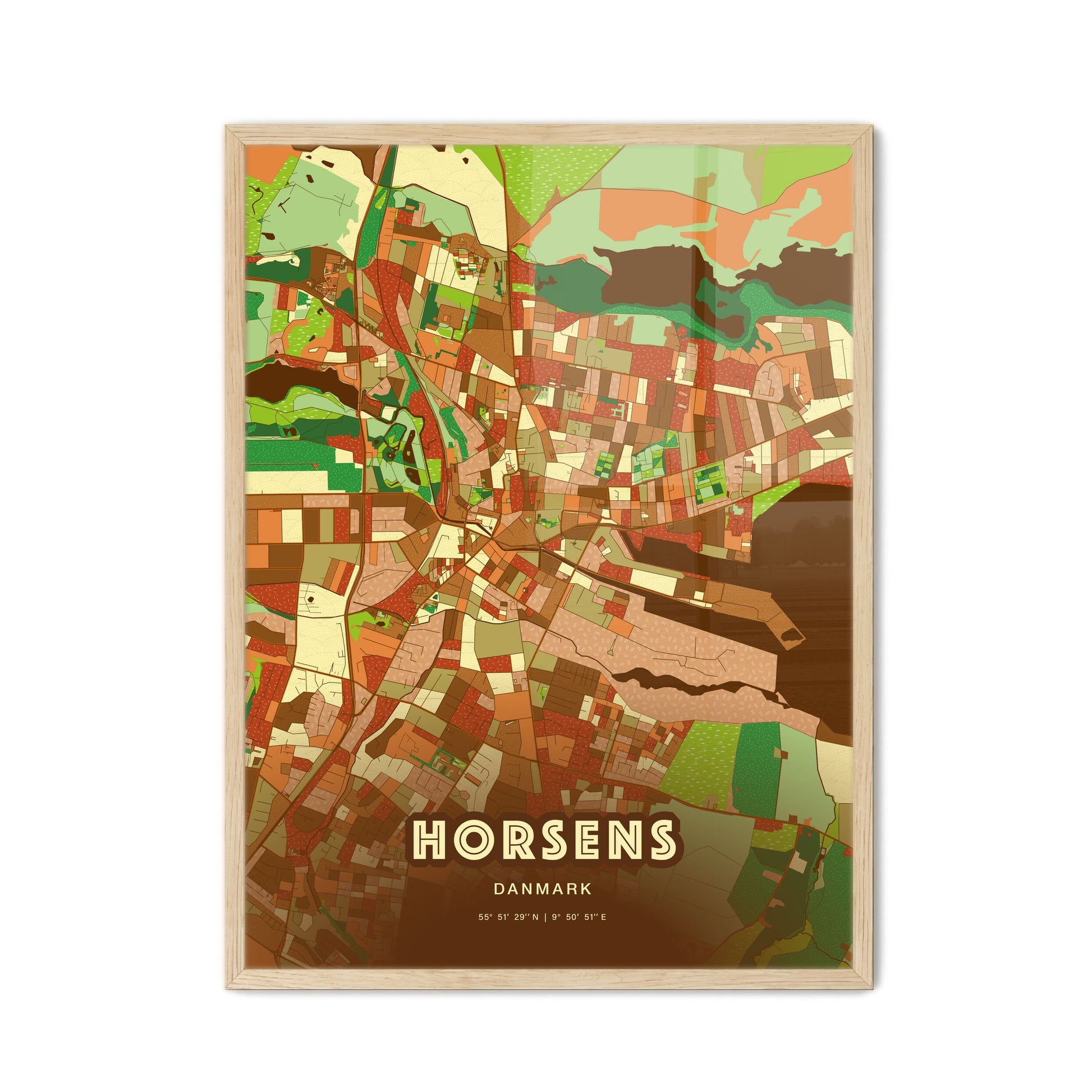 Colorful HORSENS DENMARK Fine Art Map Farmhouse