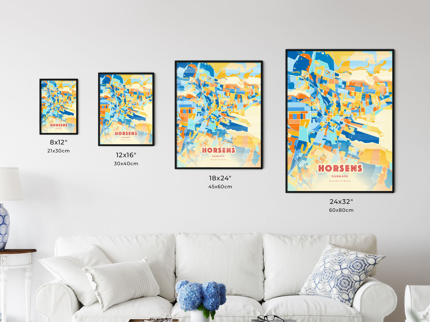 Colorful HORSENS DENMARK Fine Art Map Blue Orange