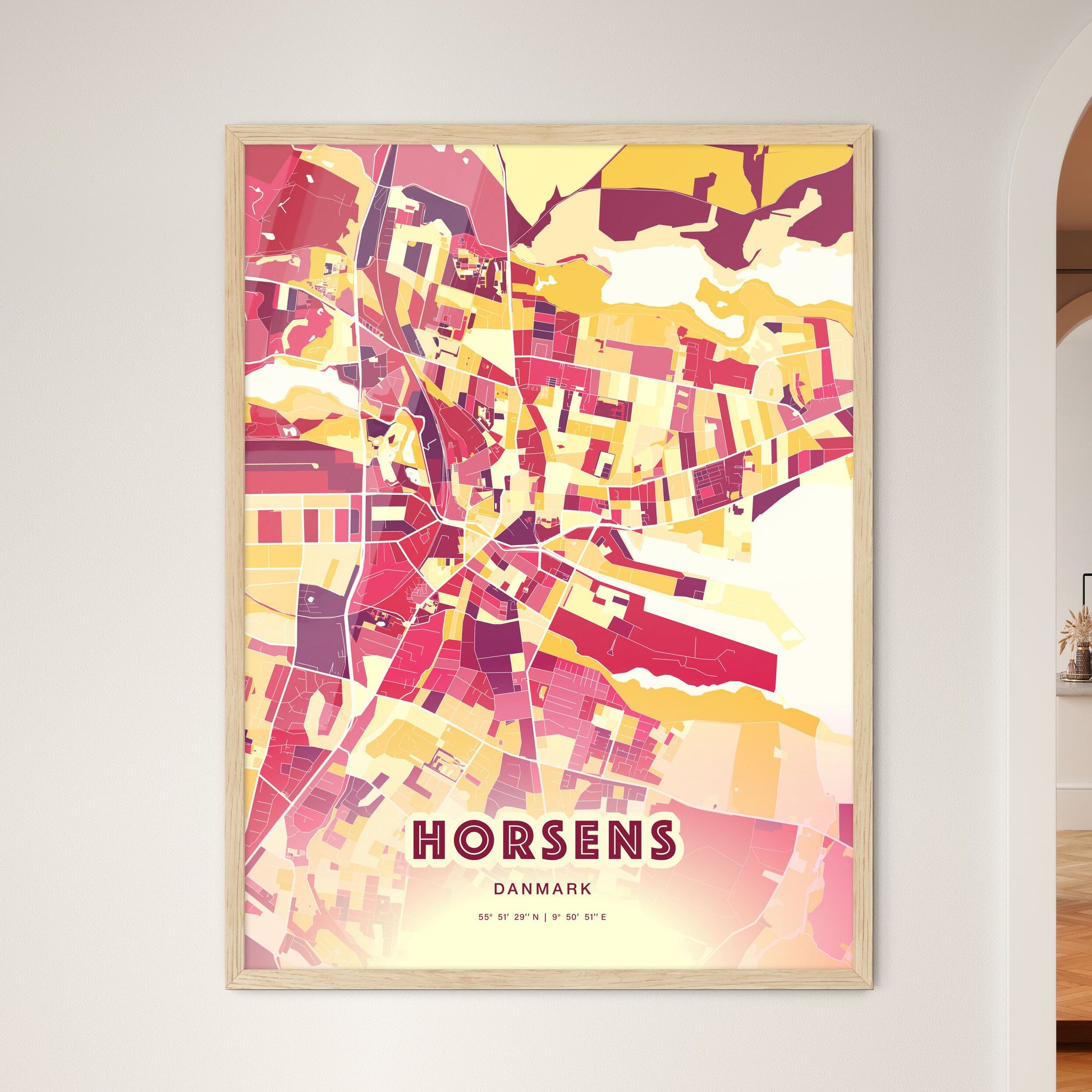 Colorful HORSENS DENMARK Fine Art Map Hot Red