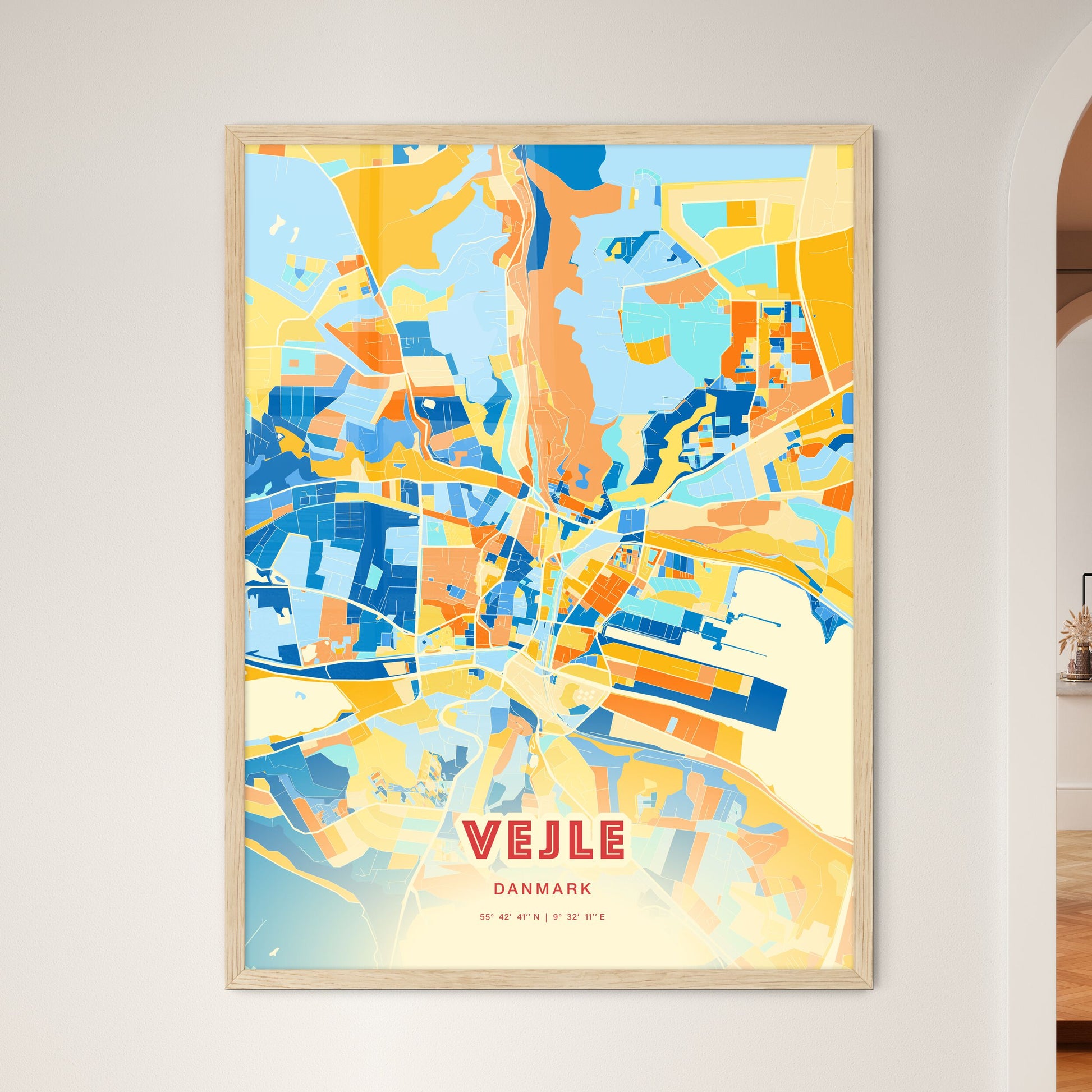 Colorful VEJLE DENMARK Fine Art Map Blue Orange