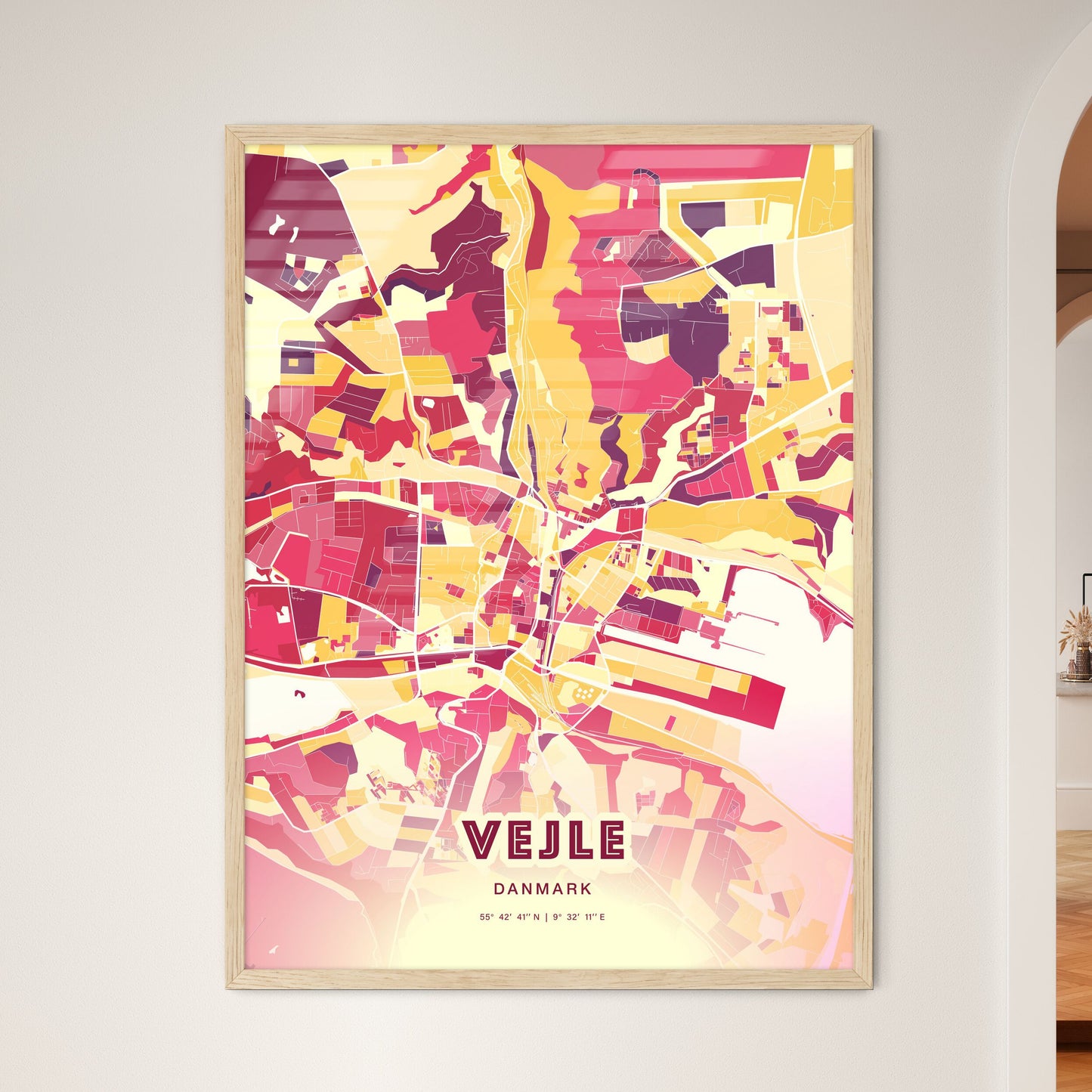 Colorful VEJLE DENMARK Fine Art Map Hot Red