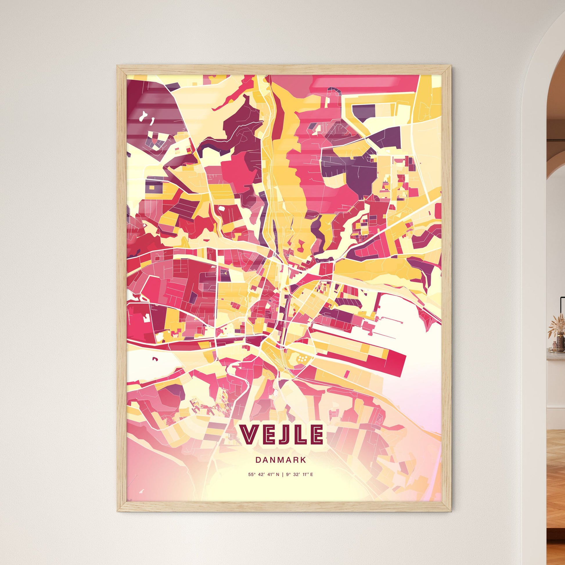 Colorful VEJLE DENMARK Fine Art Map Hot Red