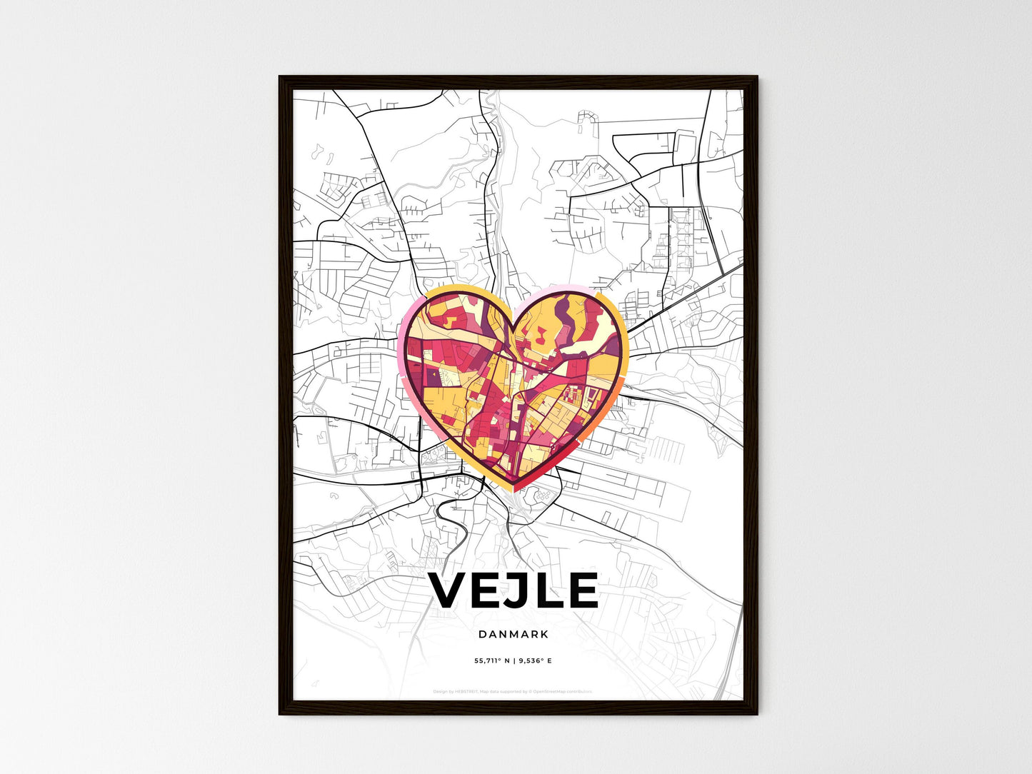 Vejle Denmark wedding art map with heart icon