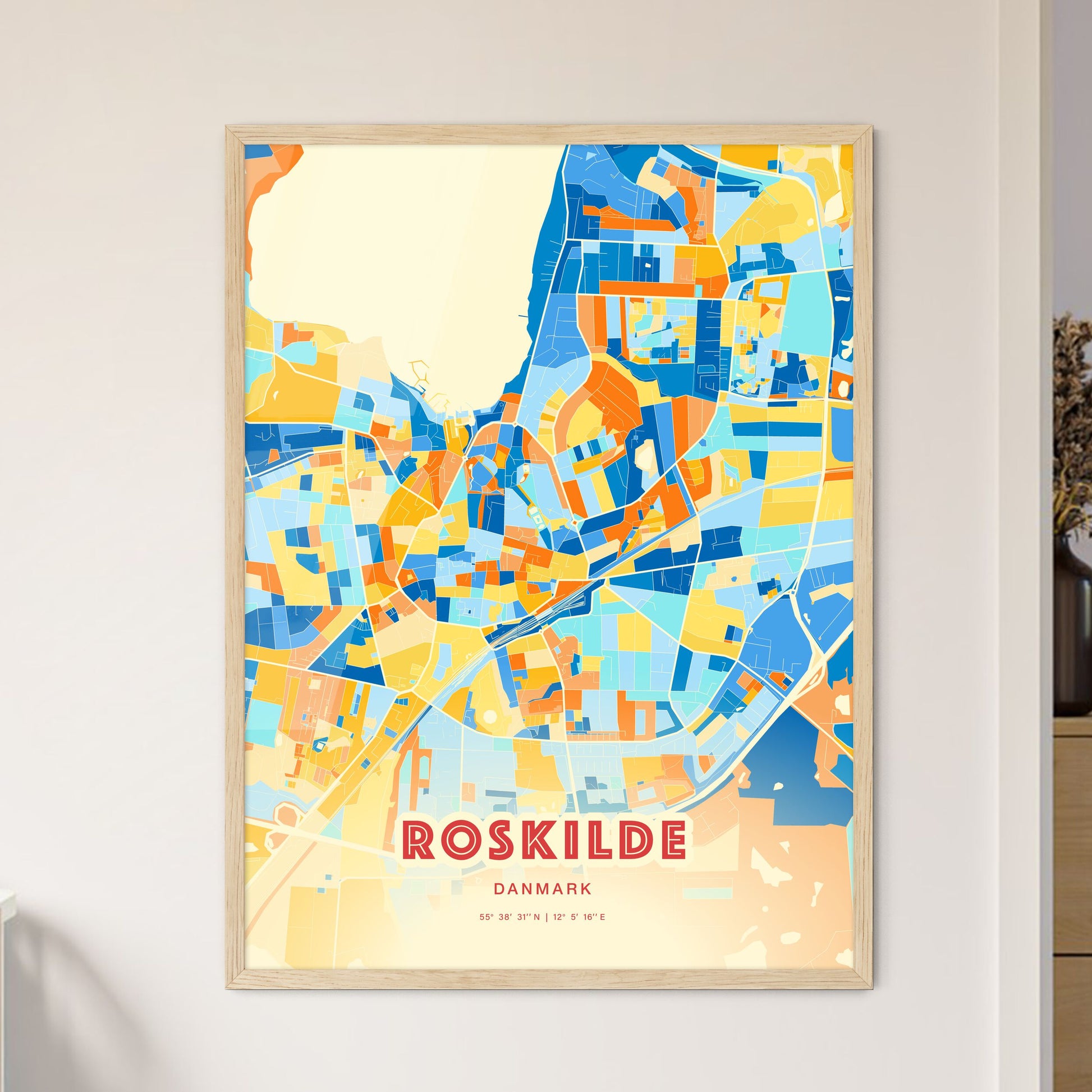 Colorful Roskilde Denmark Fine Art Map Blue Orange