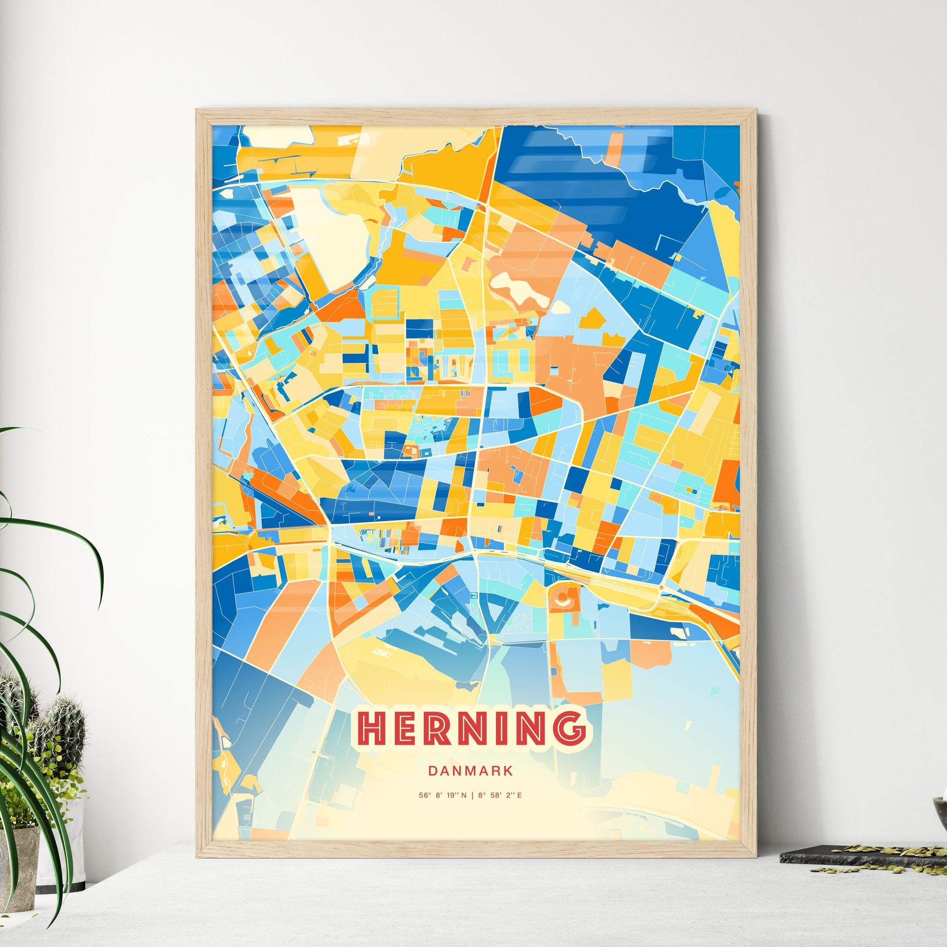 Colorful HERNING DENMARK Fine Art Map Blue Orange