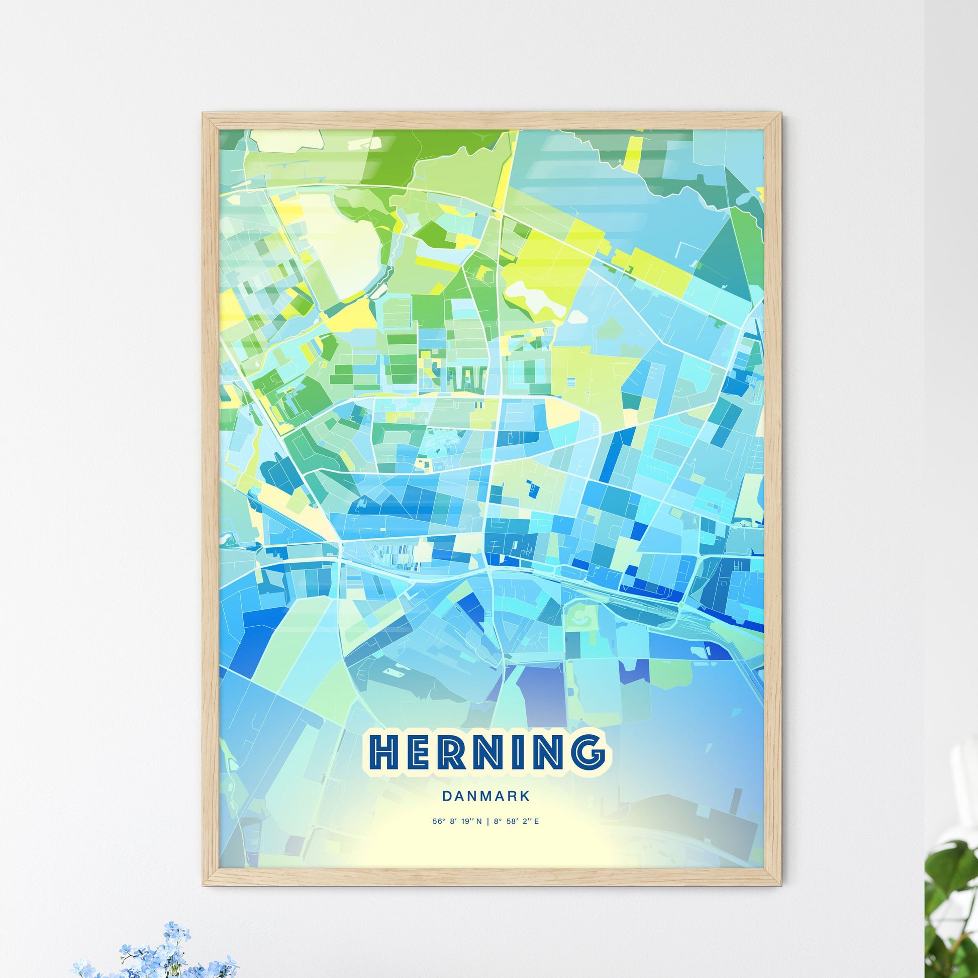 Colorful HERNING DENMARK Fine Art Map Cool Blue