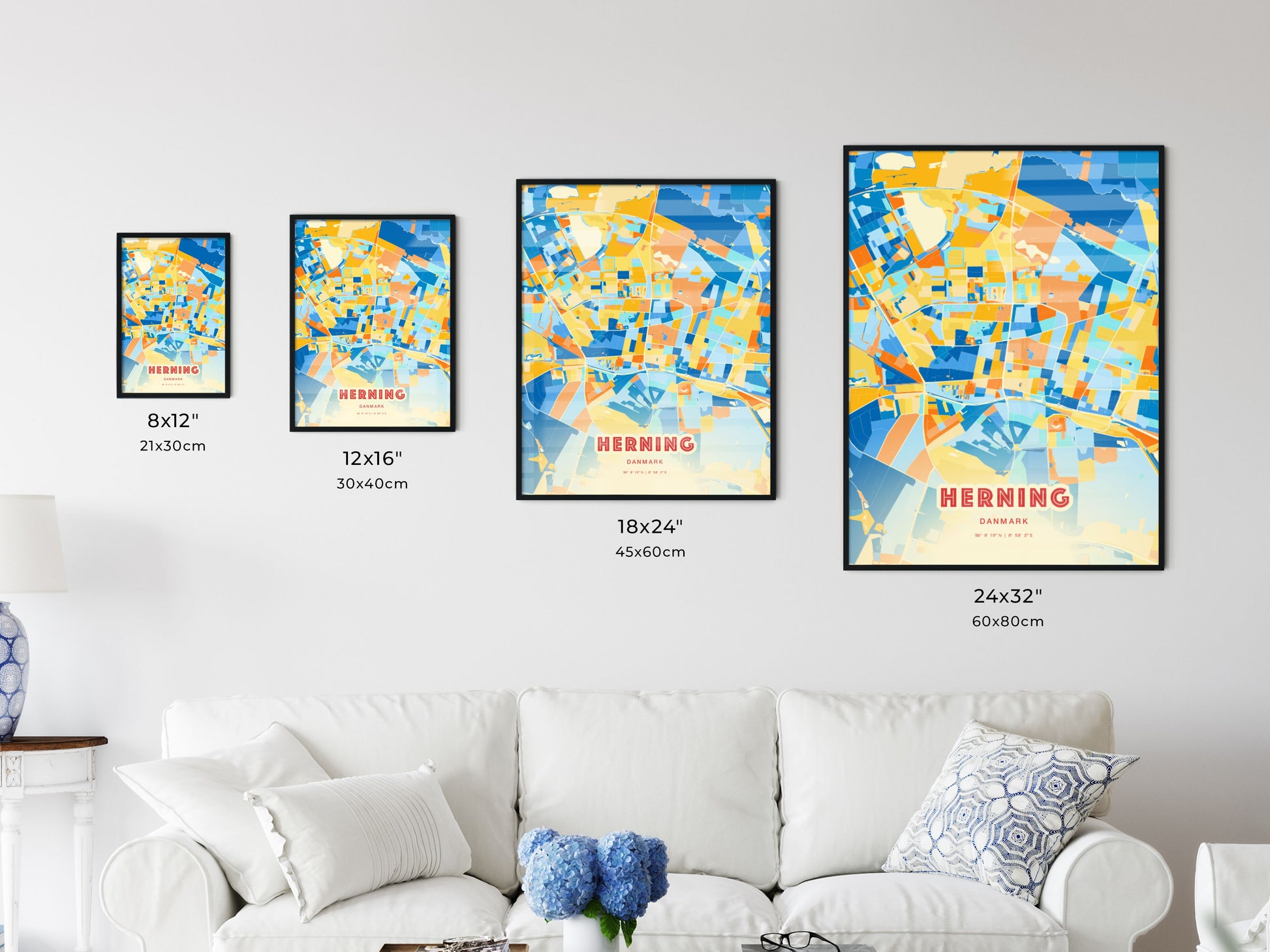 Colorful HERNING DENMARK Fine Art Map Blue Orange