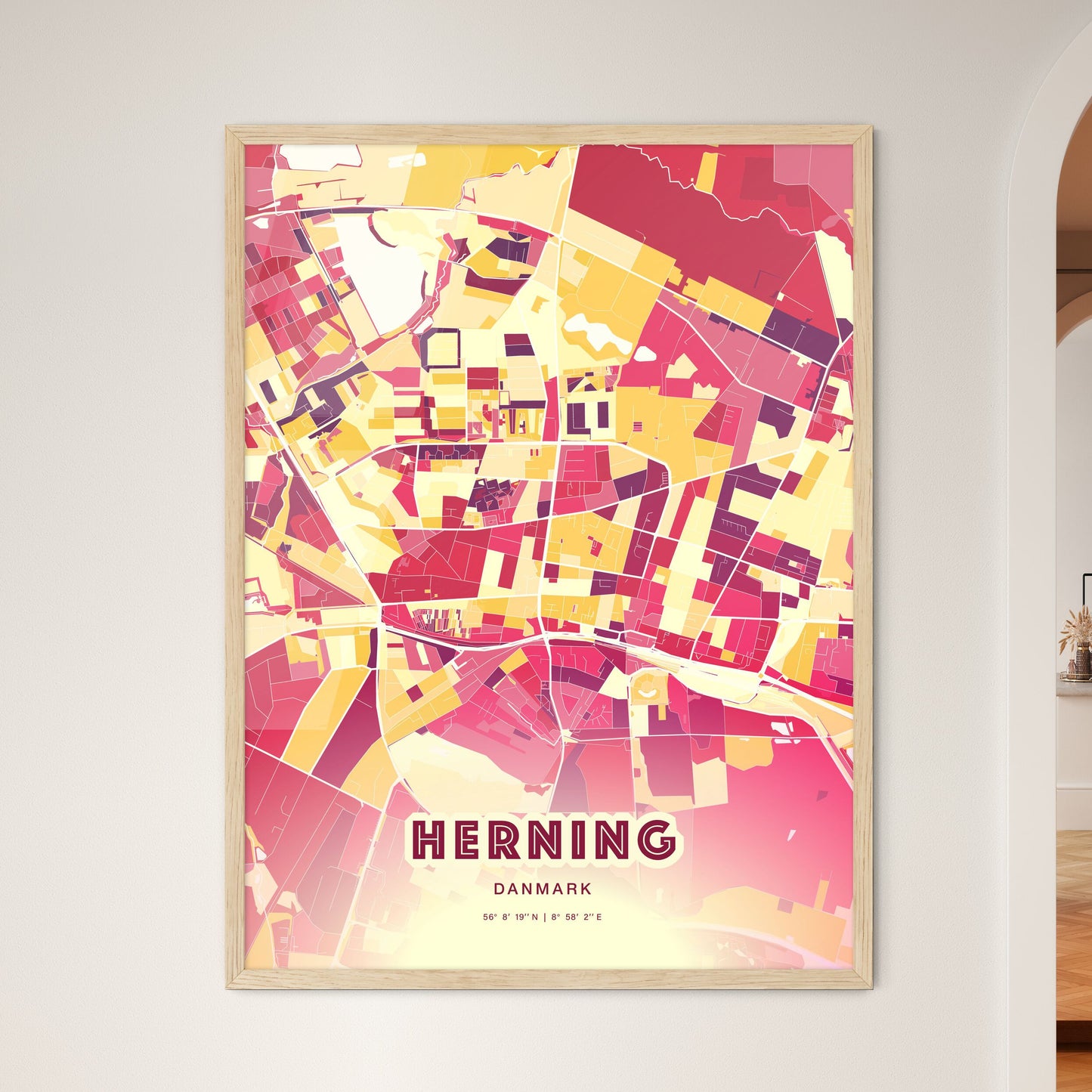 Colorful HERNING DENMARK Fine Art Map Hot Red