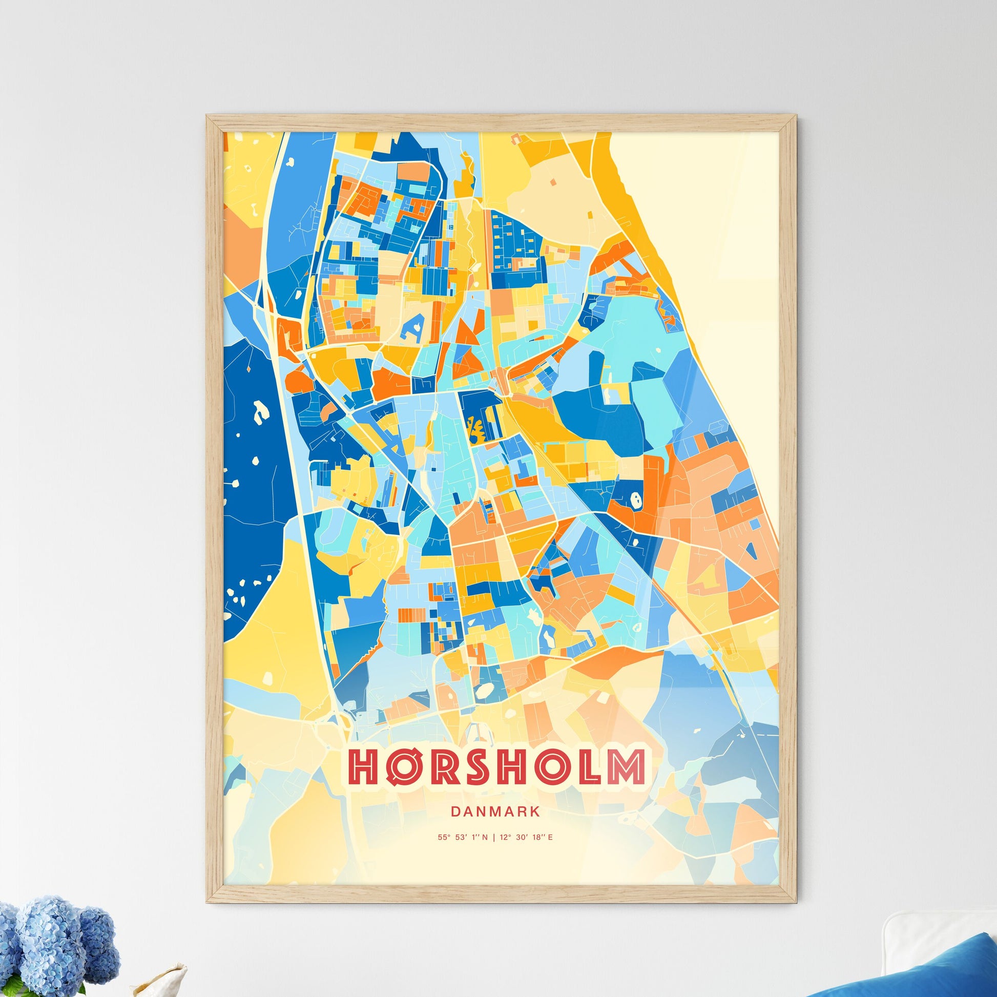 Colorful HØRSHOLM DENMARK Fine Art Map Blue Orange