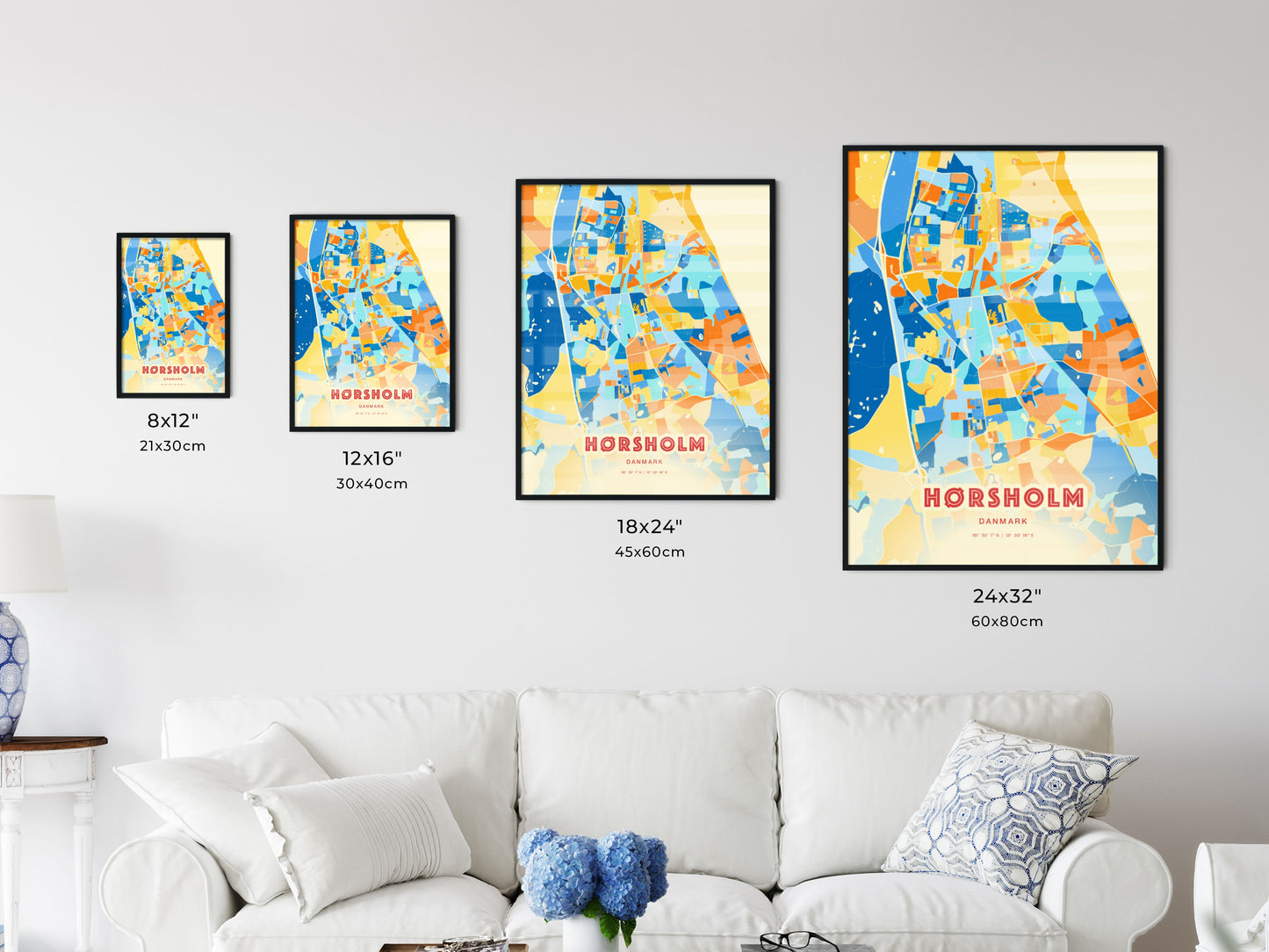 Colorful HØRSHOLM DENMARK Fine Art Map Blue Orange