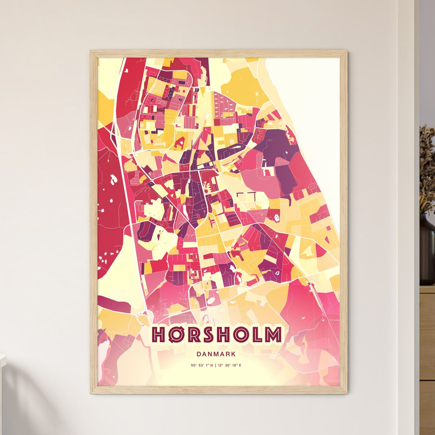 Colorful HØRSHOLM DENMARK Fine Art Map Hot Red