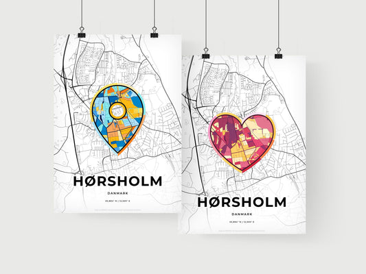 HØRSHOLM DENMARK minimal art map with a colorful icon. Where it all began, Couple map gift.