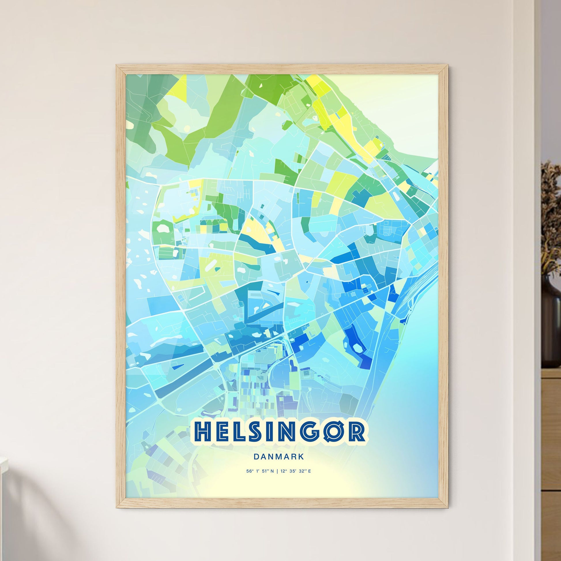 Colorful HELSINGØR DENMARK Fine Art Map Cool Blue