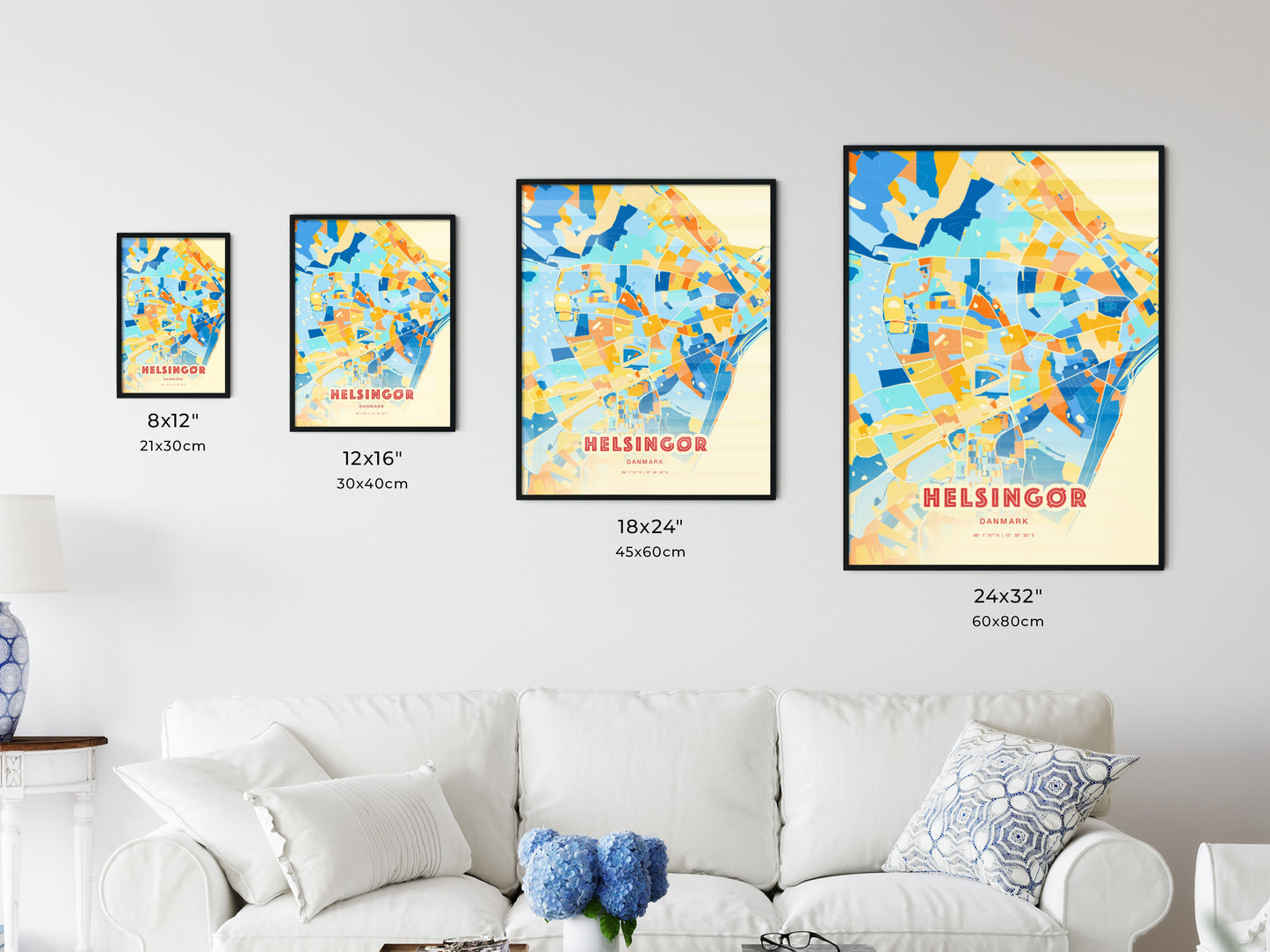 Colorful HELSINGØR DENMARK Fine Art Map Blue Orange