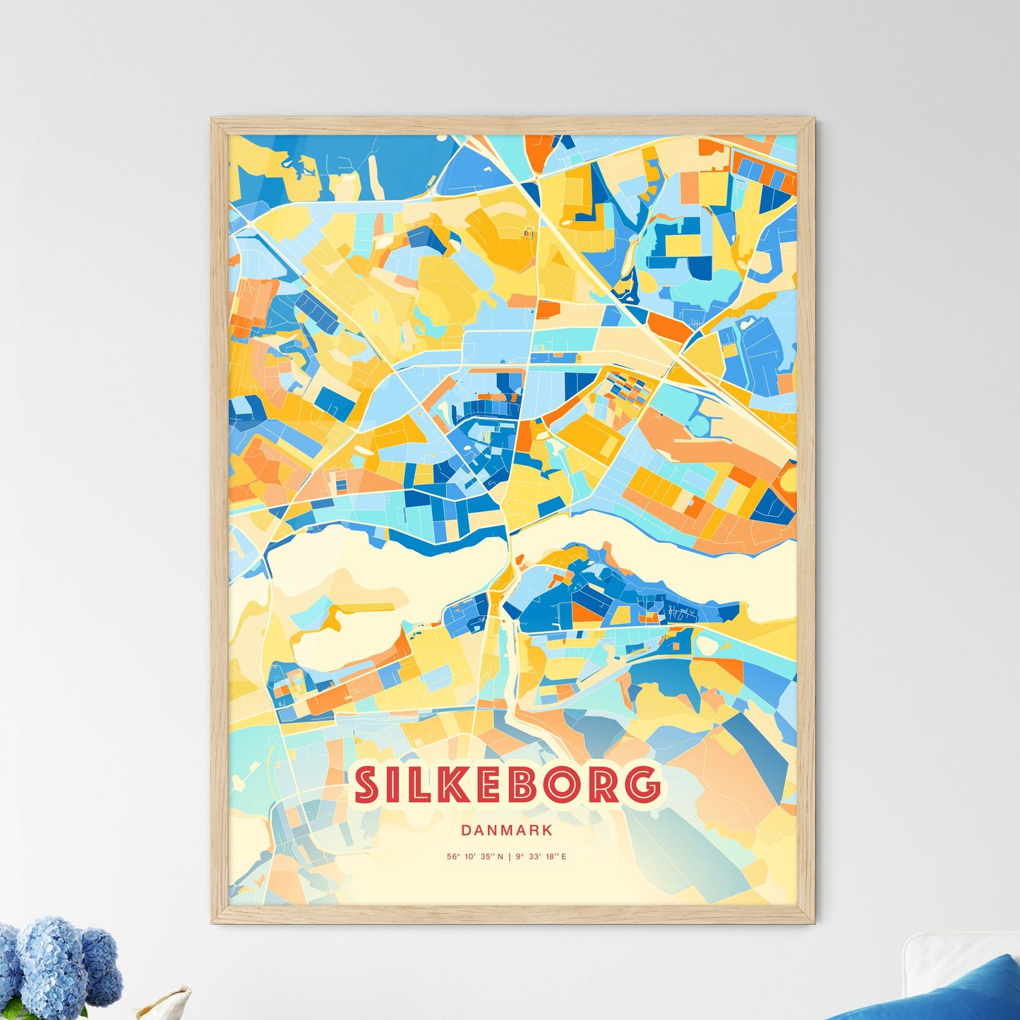 Colorful SILKEBORG DENMARK Fine Art Map Blue Orange