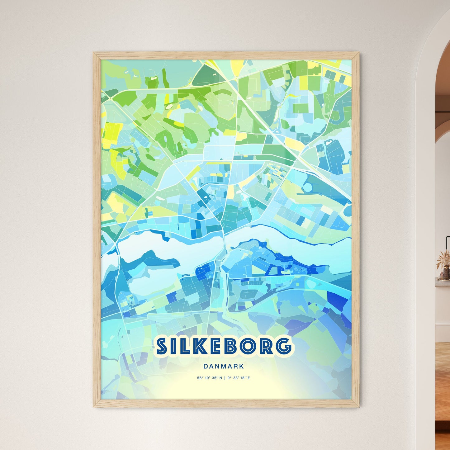 Colorful SILKEBORG DENMARK Fine Art Map Cool Blue