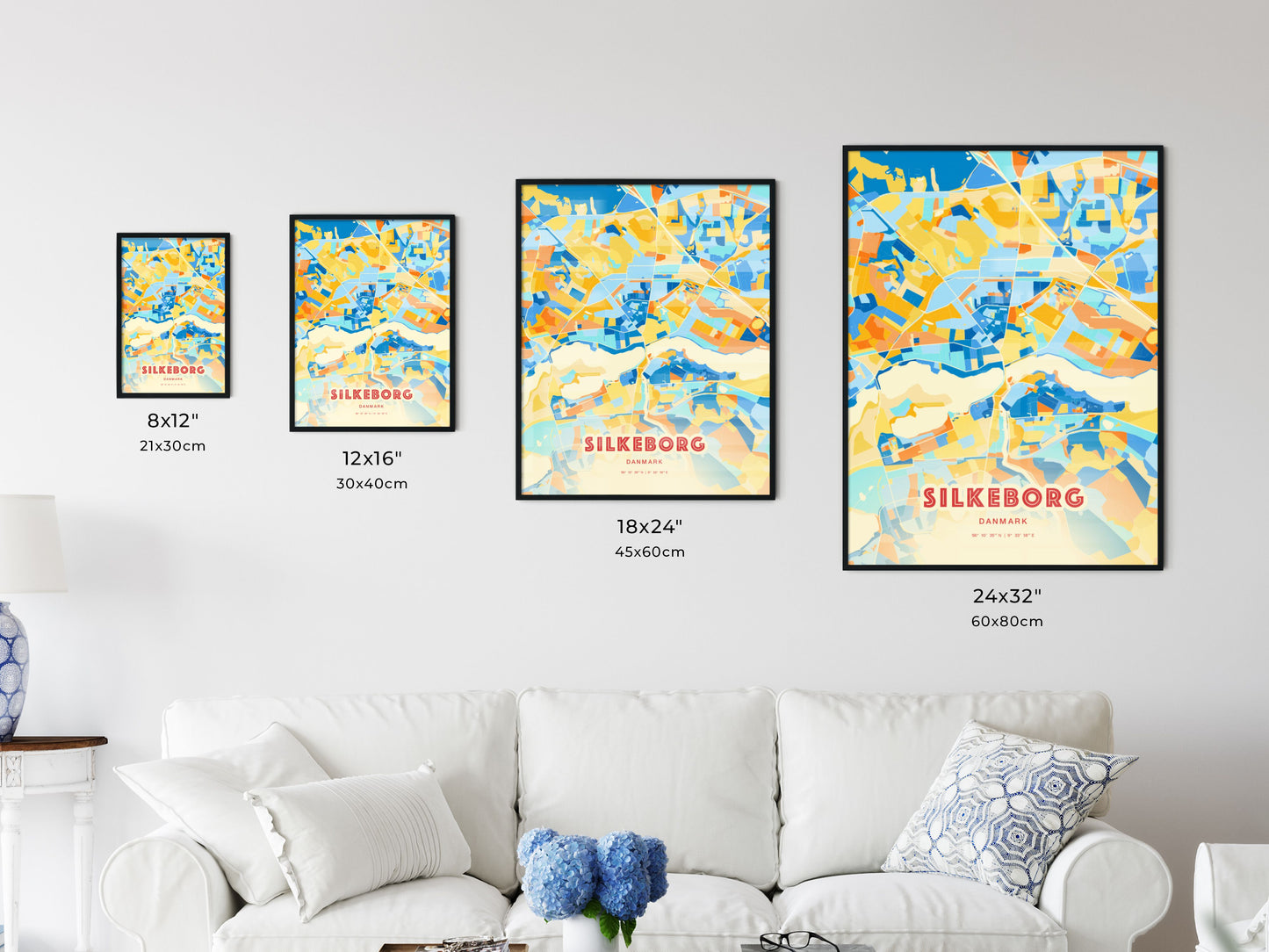 Colorful SILKEBORG DENMARK Fine Art Map Blue Orange