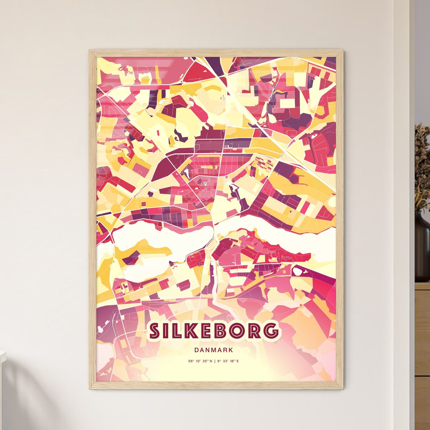 Colorful SILKEBORG DENMARK Fine Art Map Hot Red