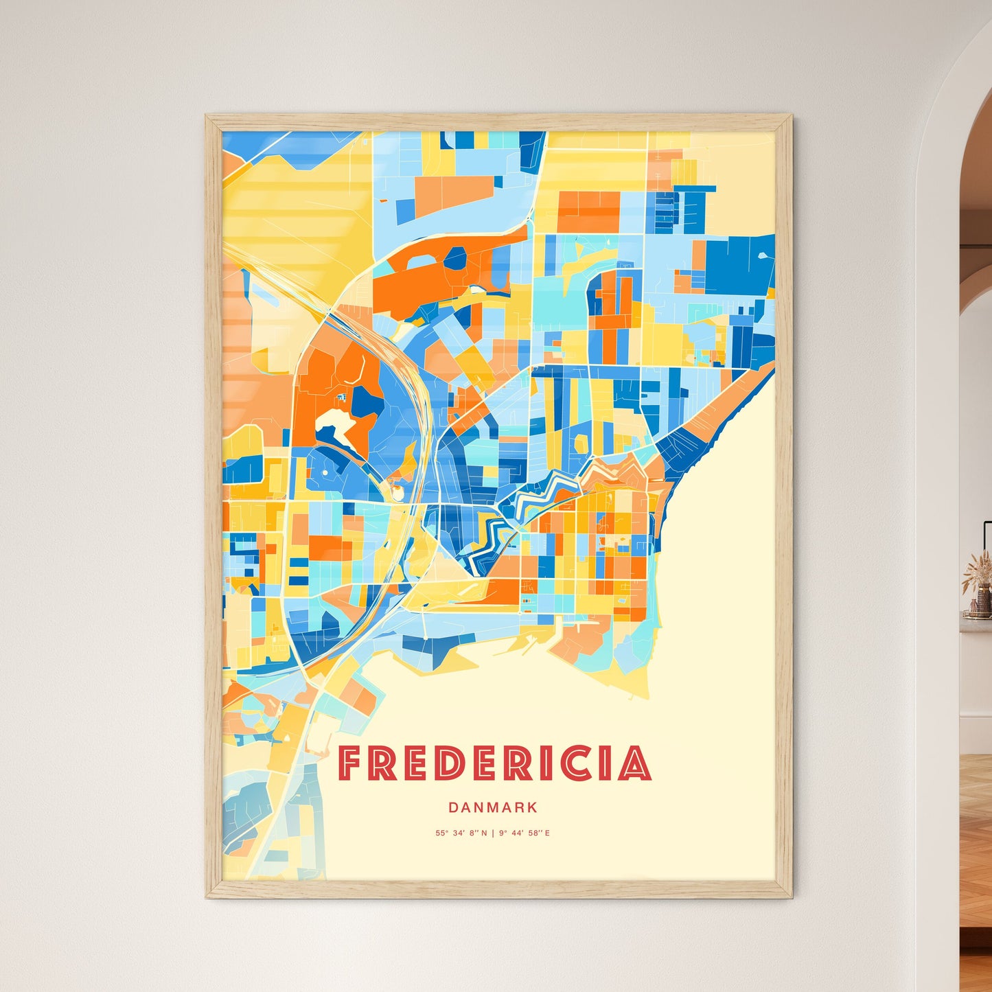 Colorful FREDERICIA DENMARK Fine Art Map Blue Orange