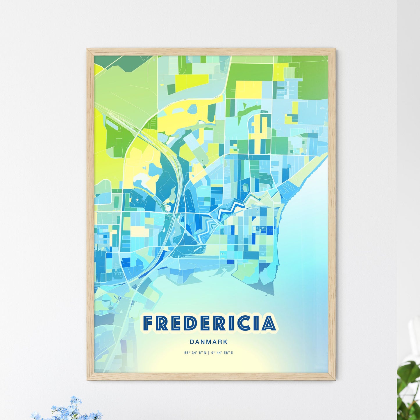 Colorful FREDERICIA DENMARK Fine Art Map Cool Blue