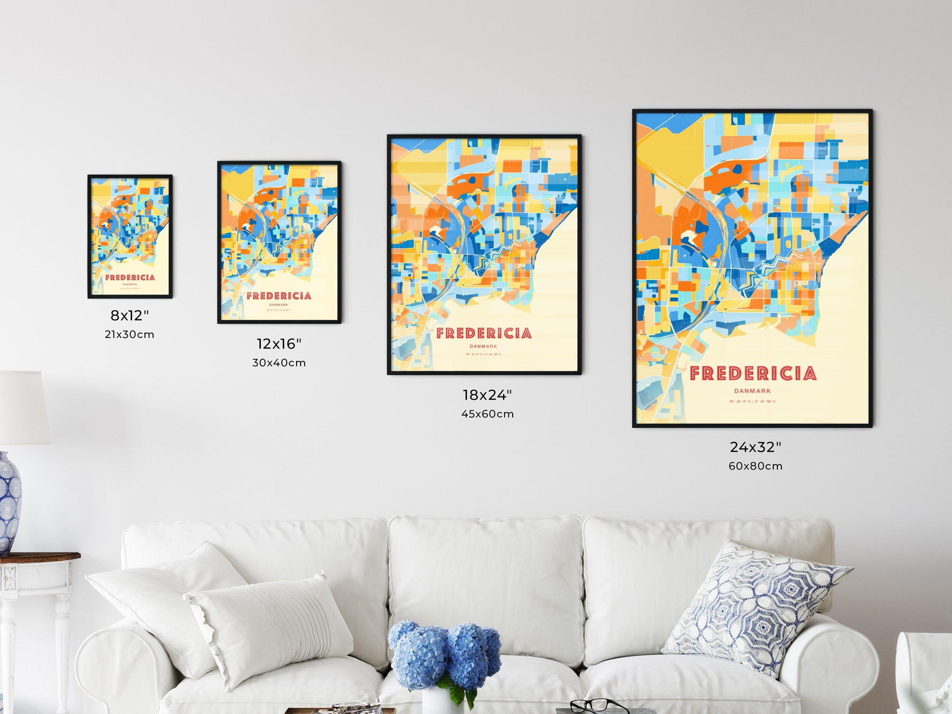 Colorful FREDERICIA DENMARK Fine Art Map Blue Orange