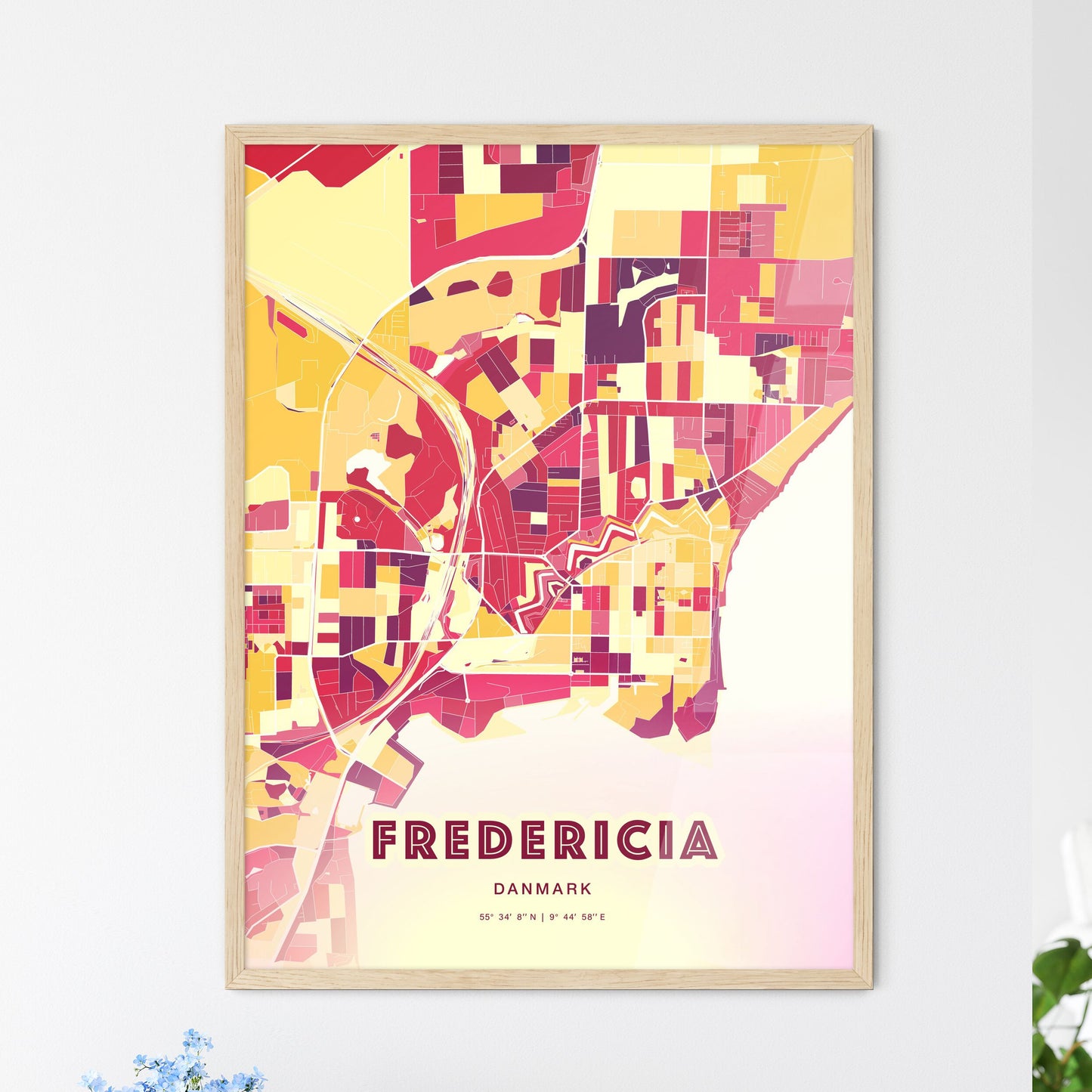 Colorful FREDERICIA DENMARK Fine Art Map Hot Red