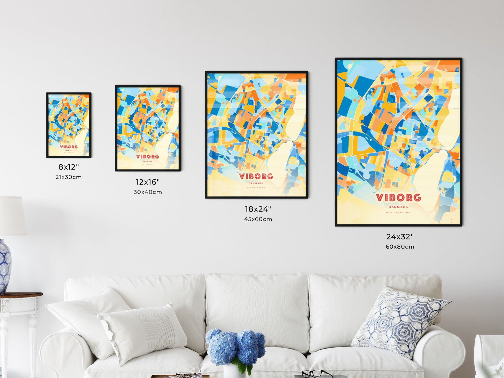 Colorful VIBORG DENMARK Fine Art Map Blue Orange