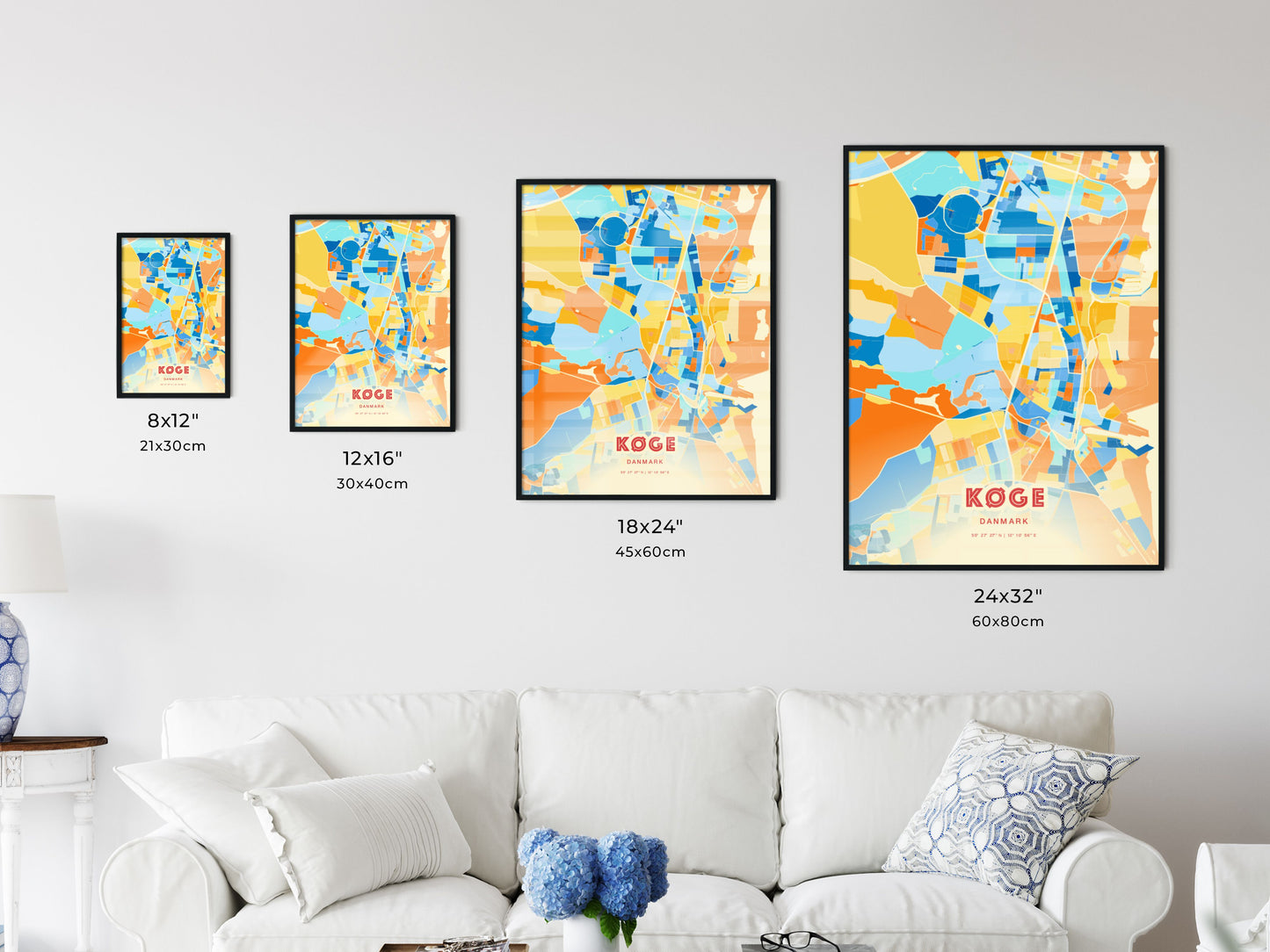 Colorful KØGE DENMARK Fine Art Map Blue Orange