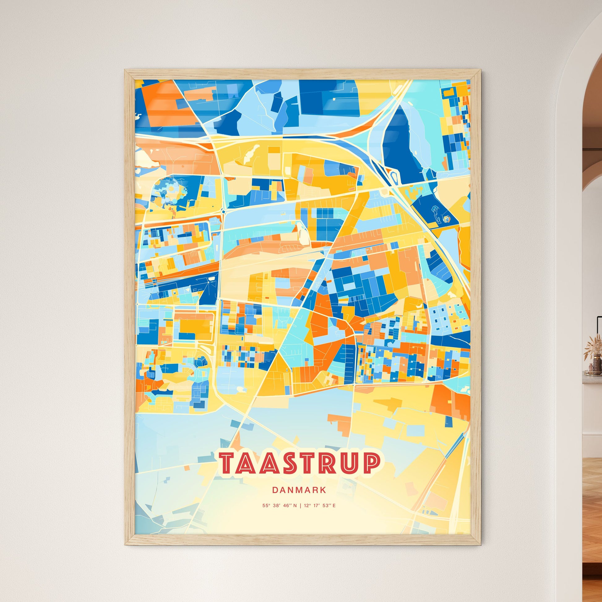 Colorful TAASTRUP DENMARK Fine Art Map Blue Orange