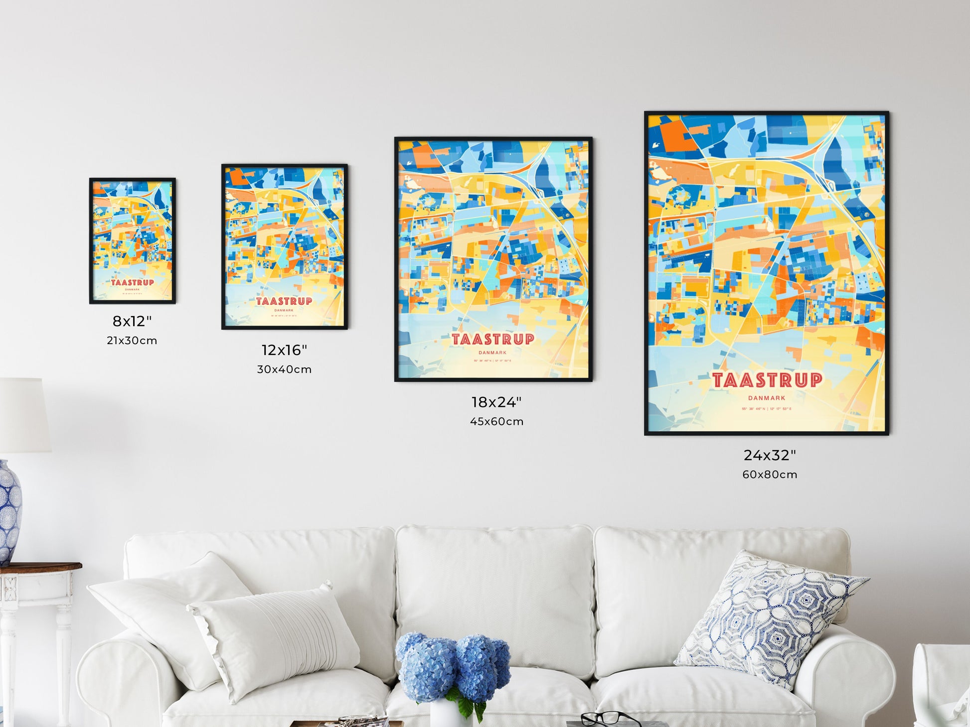 Colorful TAASTRUP DENMARK Fine Art Map Blue Orange