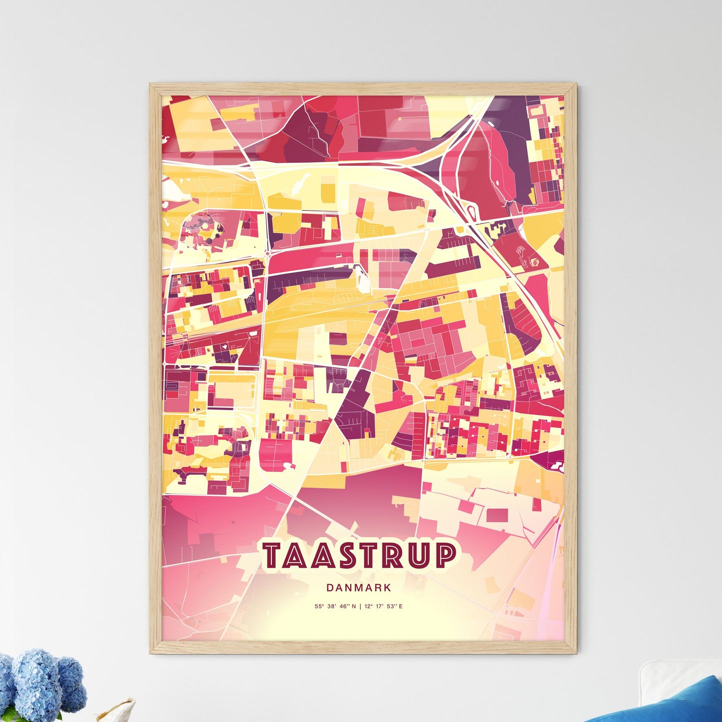 Colorful TAASTRUP DENMARK Fine Art Map Hot Red