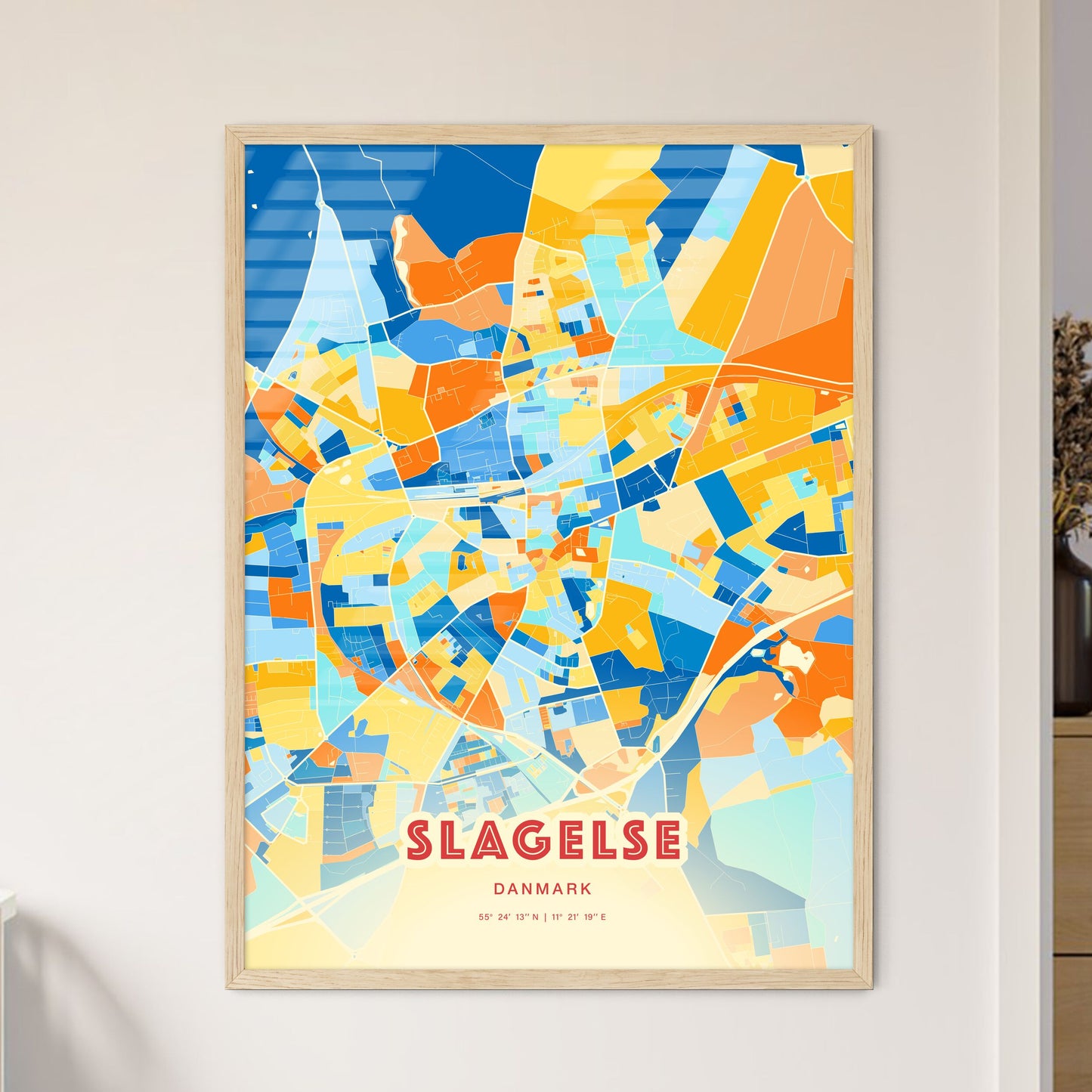 Colorful SLAGELSE DENMARK Fine Art Map Blue Orange