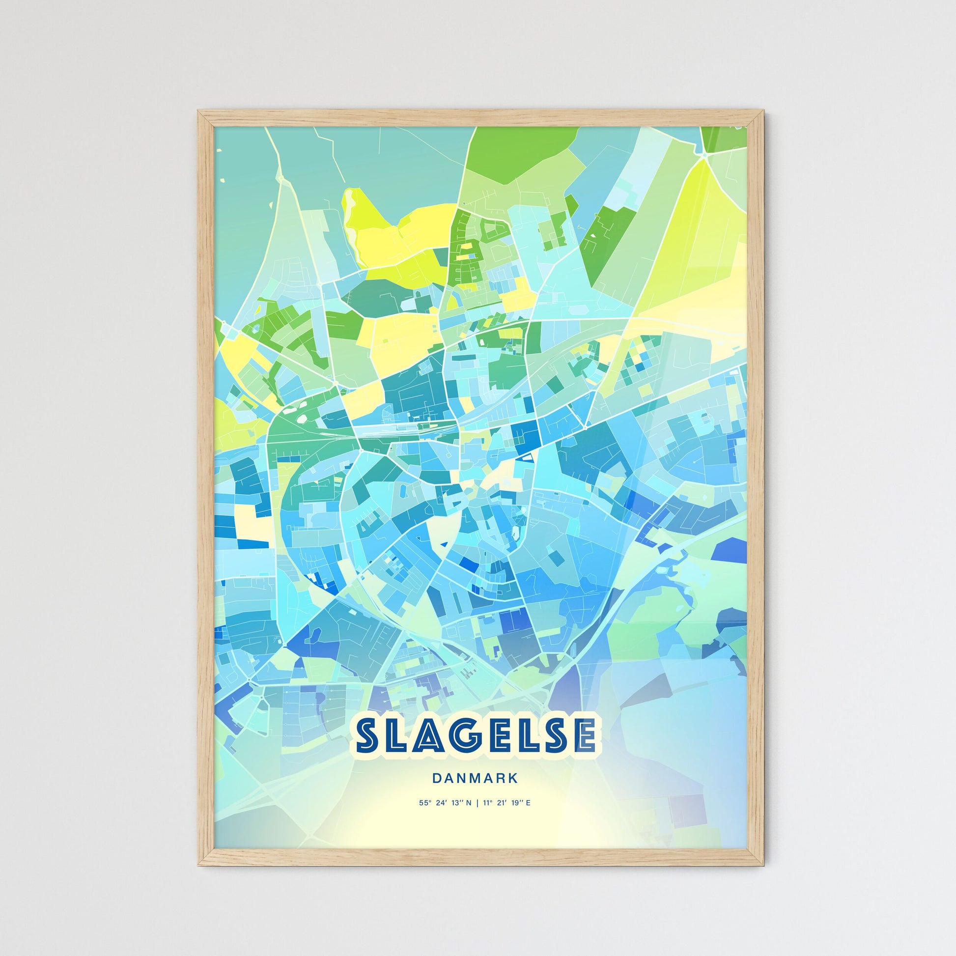 Colorful SLAGELSE DENMARK Fine Art Map Cool Blue