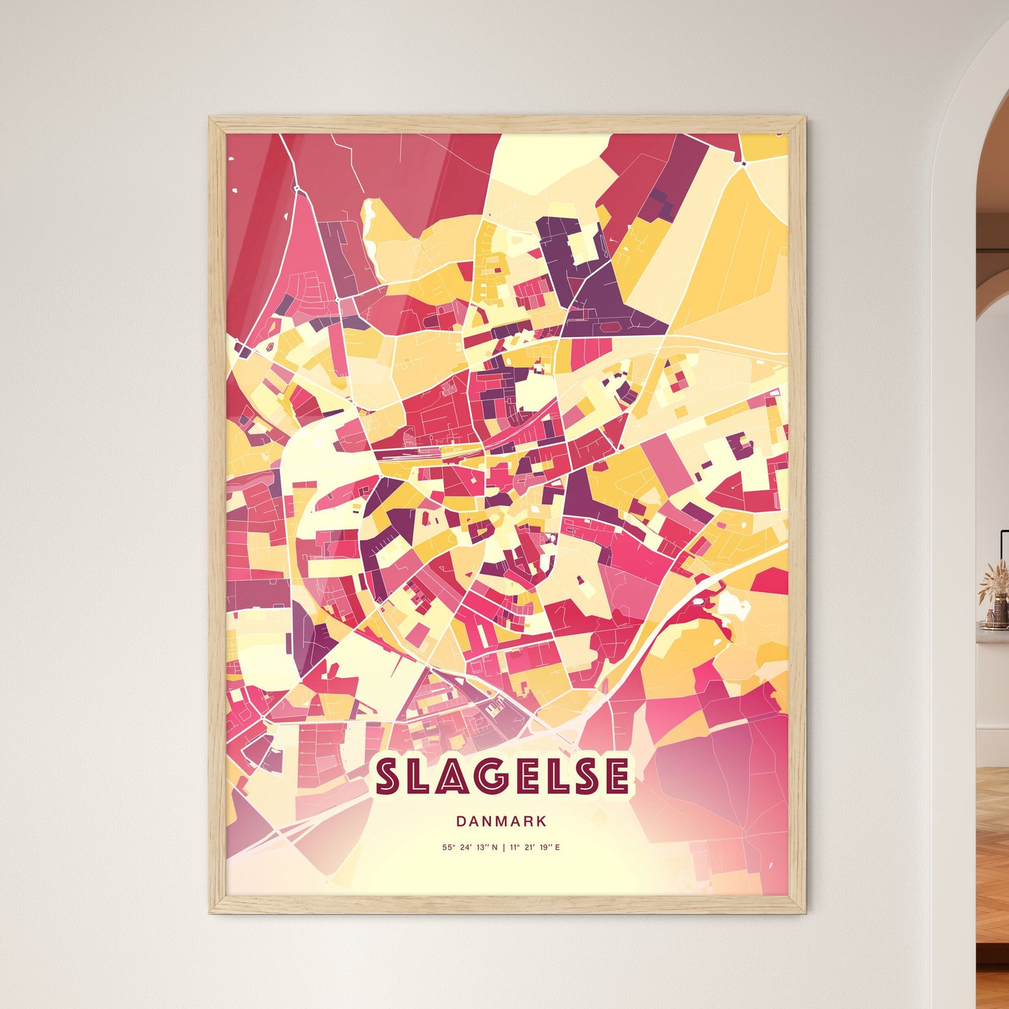 Colorful SLAGELSE DENMARK Fine Art Map Hot Red