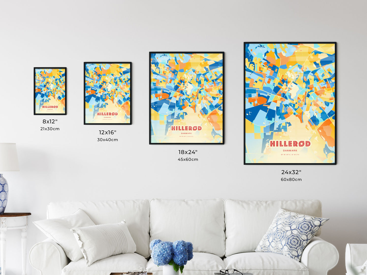 Colorful HILLERØD DENMARK Fine Art Map Blue Orange