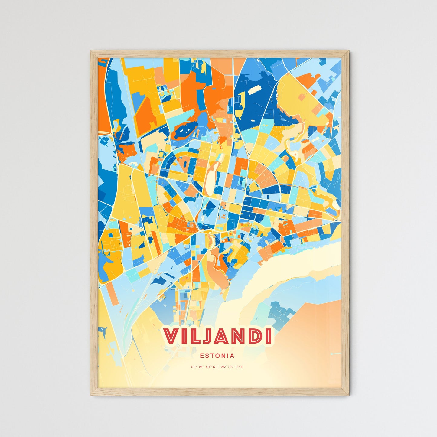 Colorful VILJANDI ESTONIA Fine Art Map Blue Orange