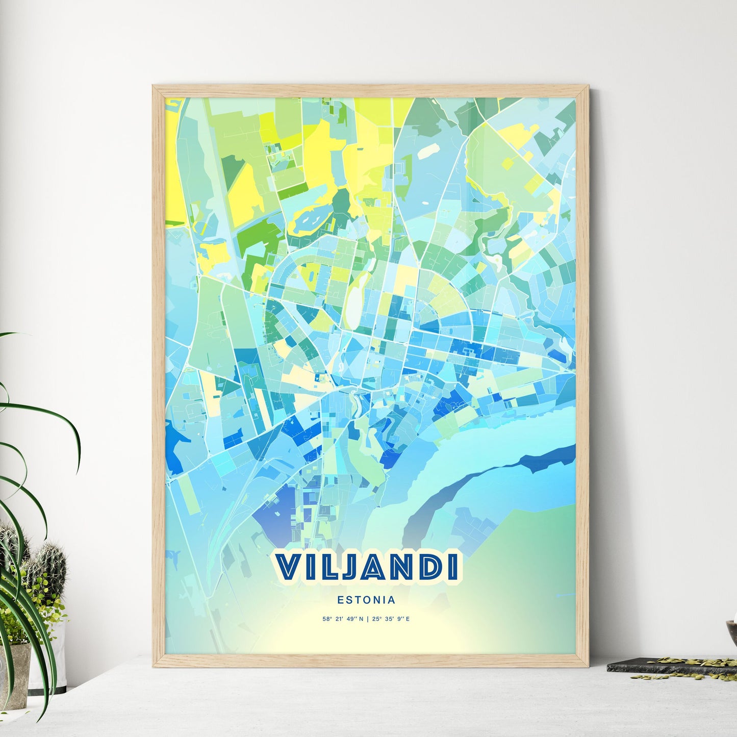 Colorful VILJANDI ESTONIA Fine Art Map Cool Blue