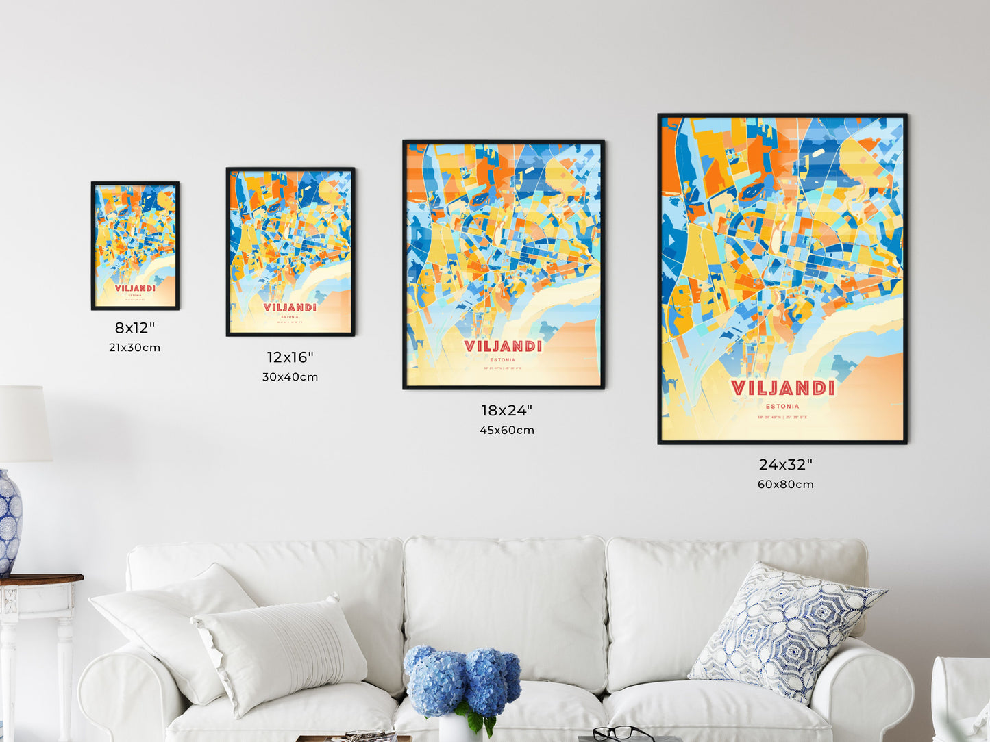 Colorful VILJANDI ESTONIA Fine Art Map Blue Orange