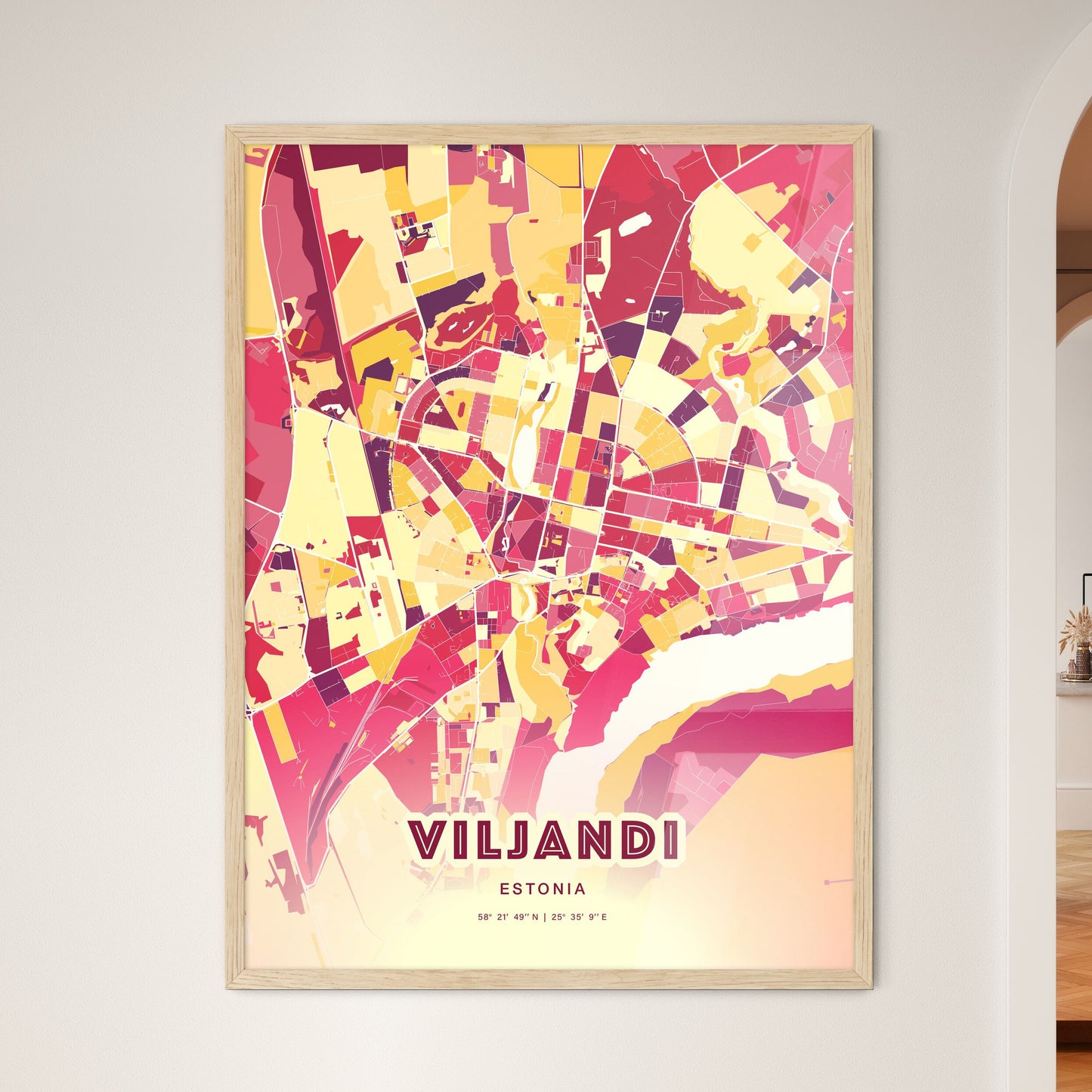 Colorful VILJANDI ESTONIA Fine Art Map Hot Red