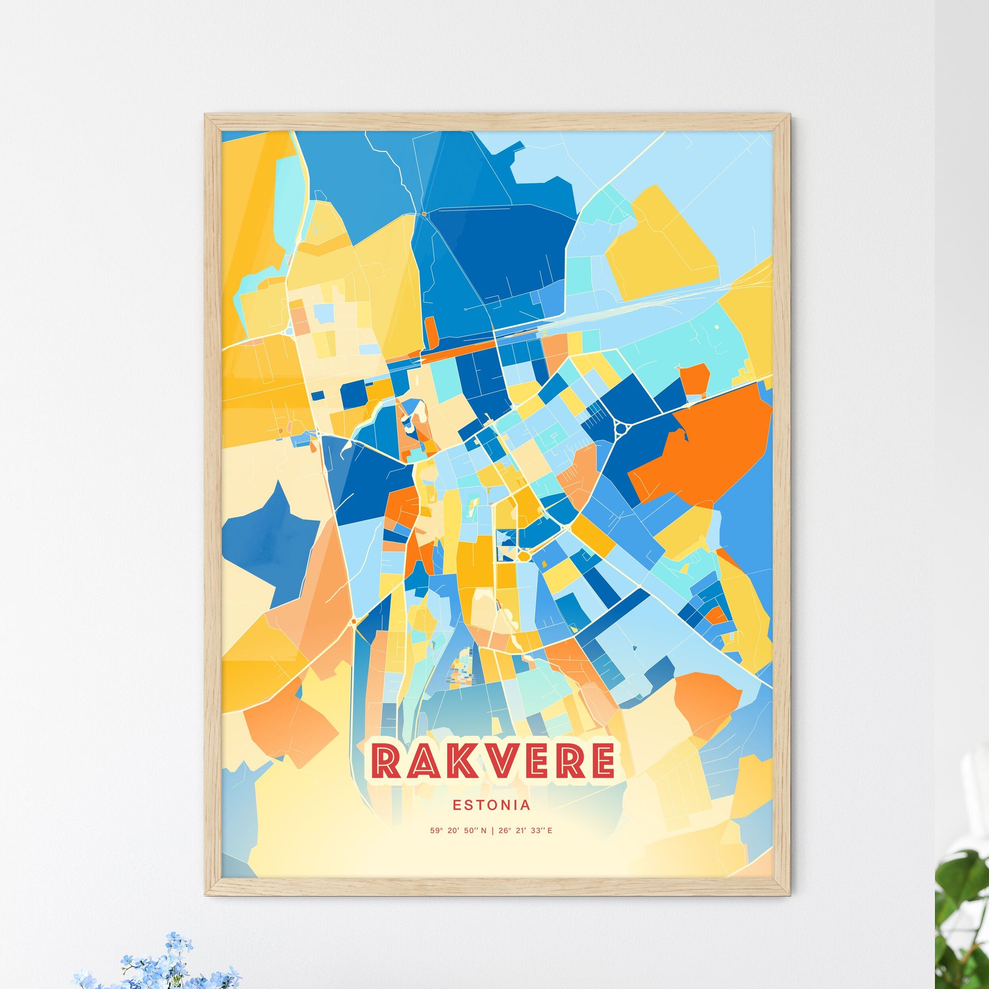 Colorful RAKVERE ESTONIA Fine Art Map Blue Orange