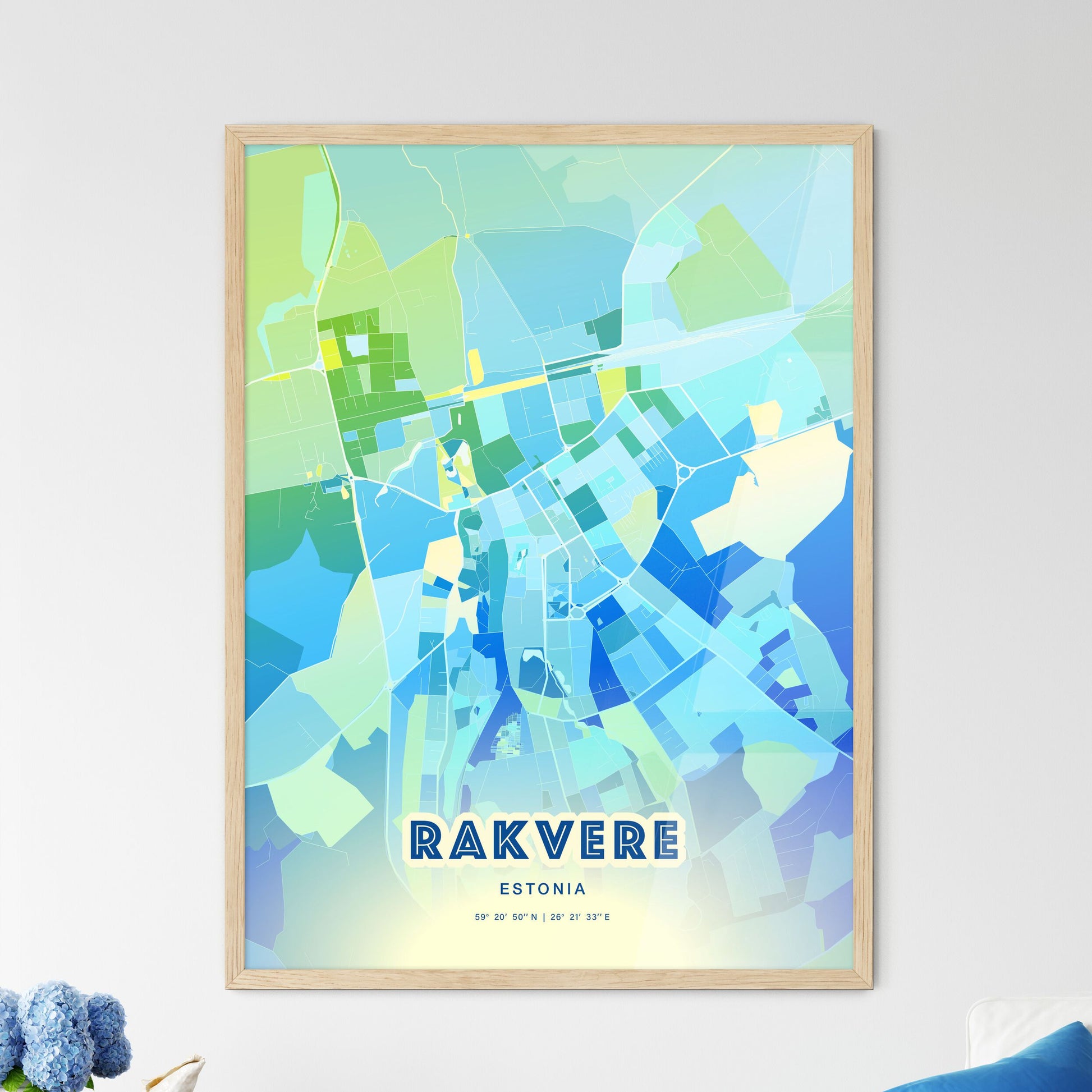 Colorful RAKVERE ESTONIA Fine Art Map Cool Blue