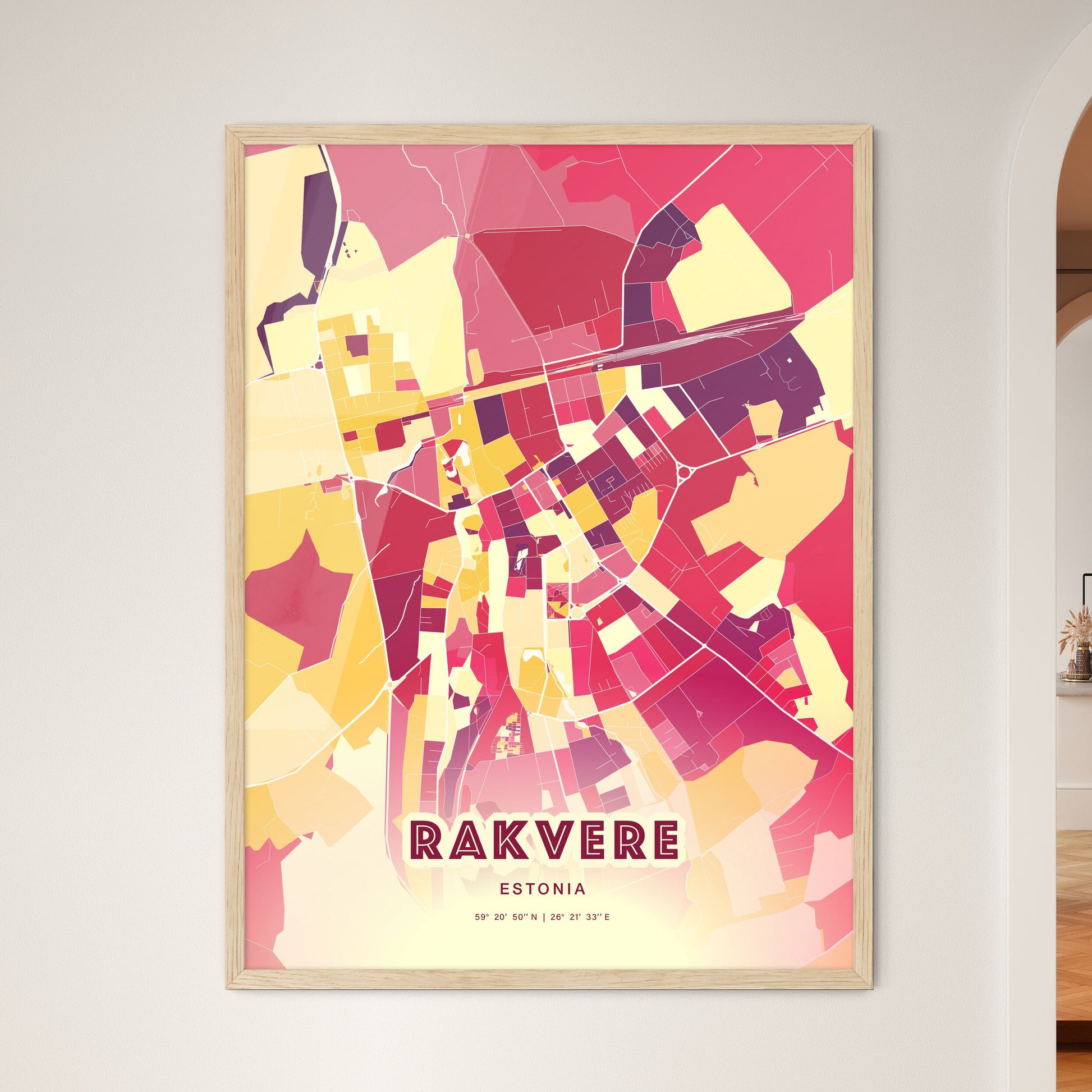 Colorful RAKVERE ESTONIA Fine Art Map Hot Red