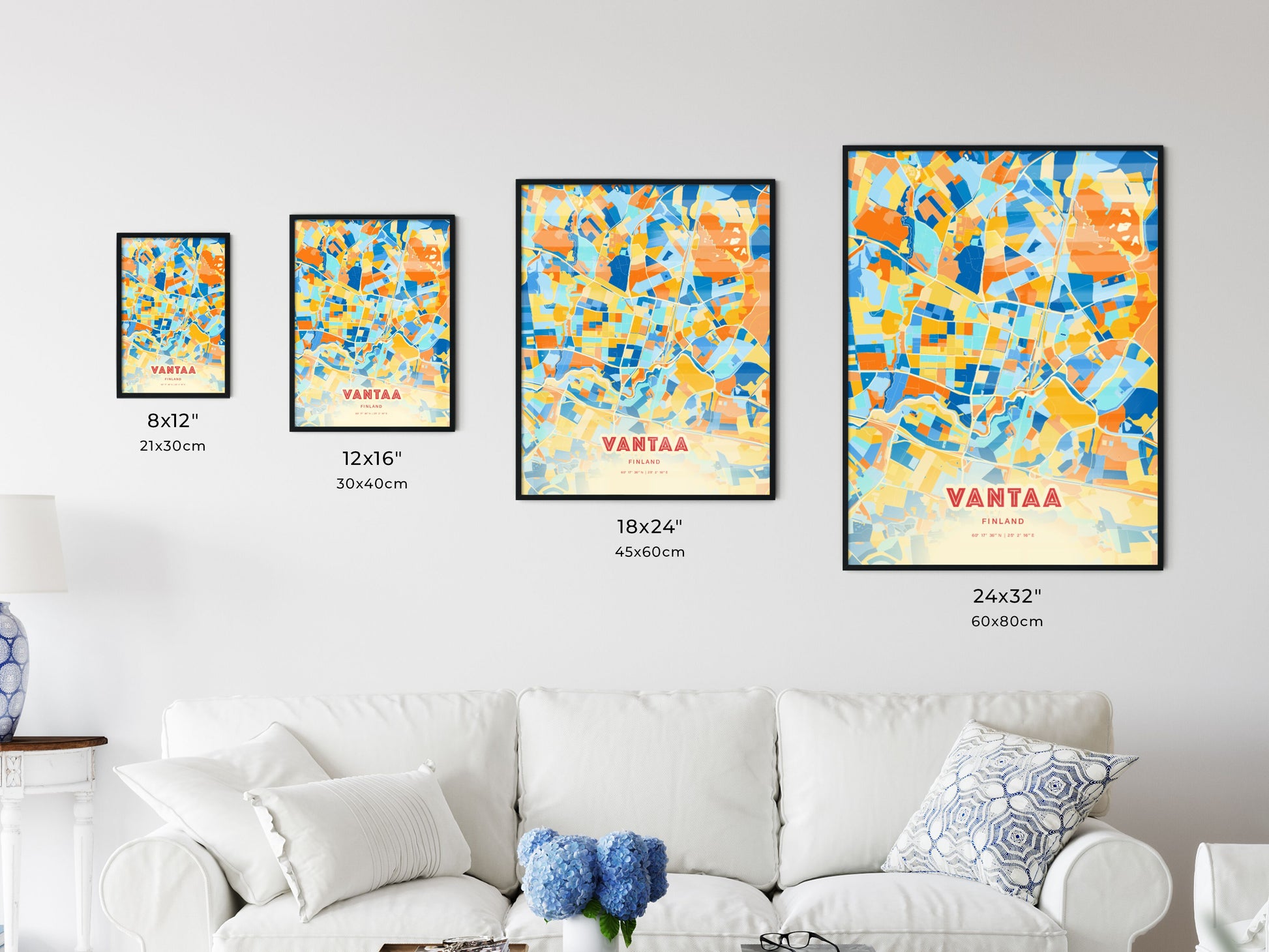 Colorful VANTAA FINLAND Fine Art Map Blue Orange