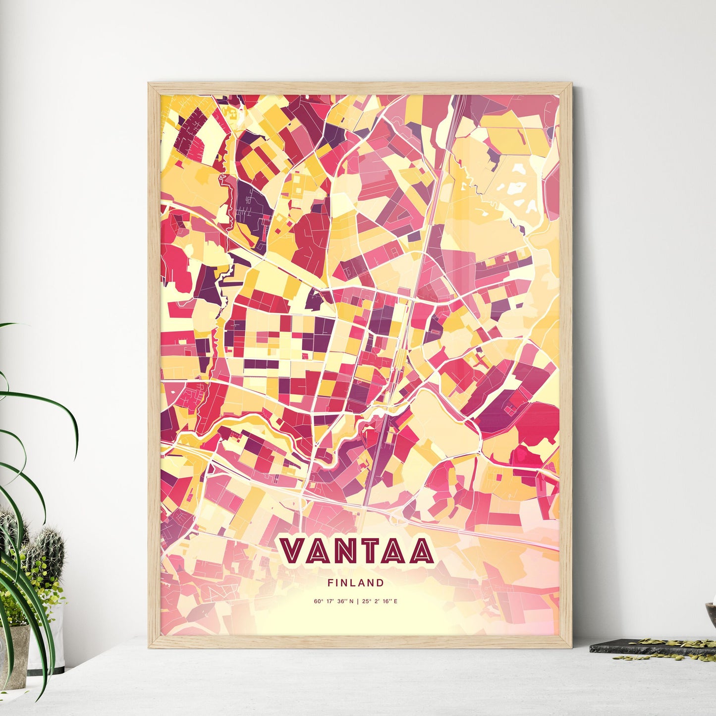 Colorful VANTAA FINLAND Fine Art Map Hot Red