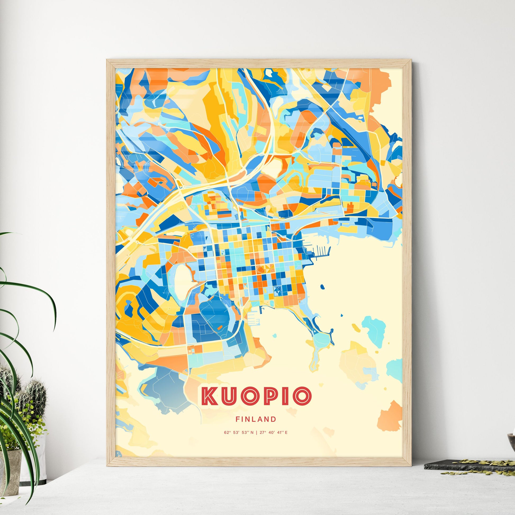 Colorful Kuopio Finland Fine Art Map Blue Orange