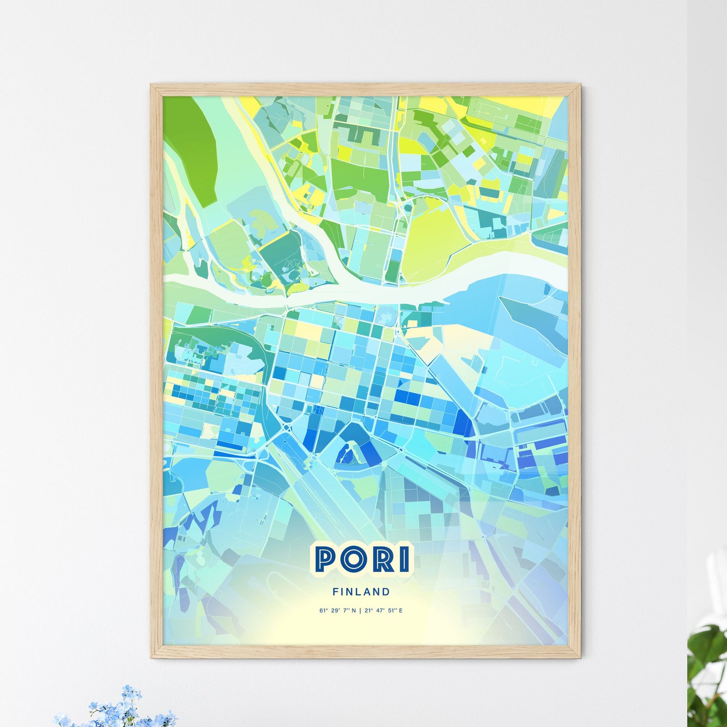 Colorful PORI FINLAND Fine Art Map Cool Blue