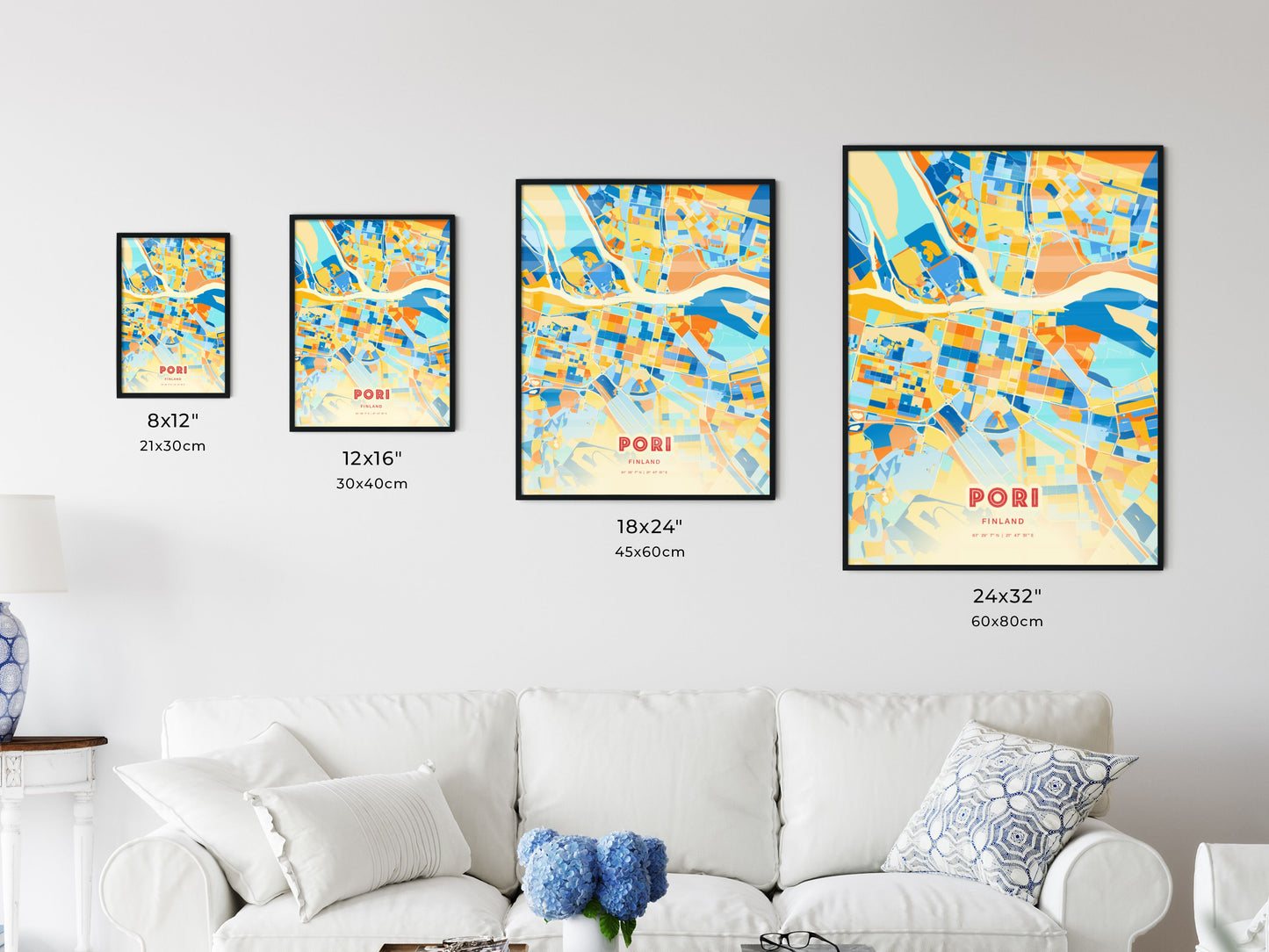 Colorful PORI FINLAND Fine Art Map Blue Orange