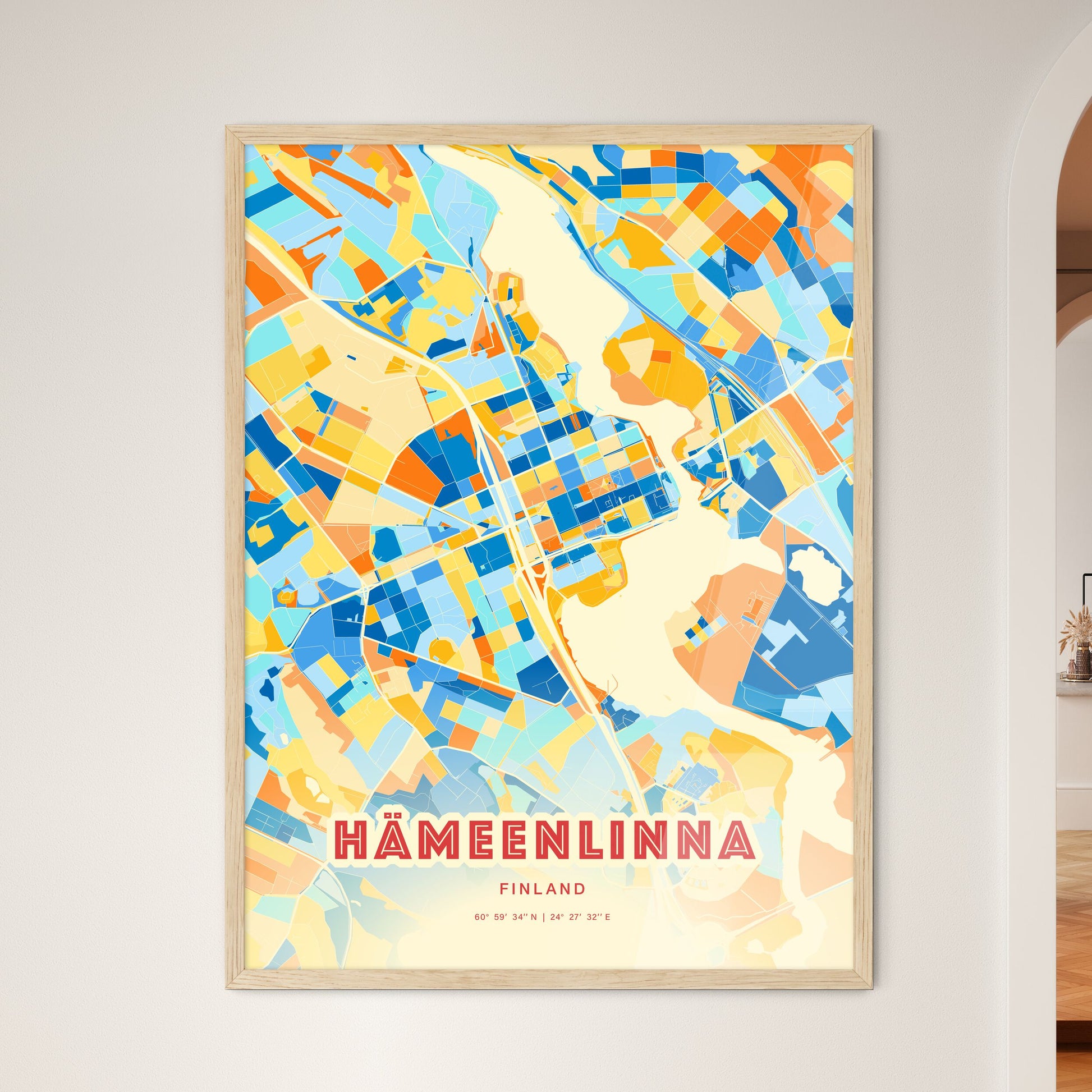 Colorful HÄMEENLINNA FINLAND Fine Art Map Blue Orange