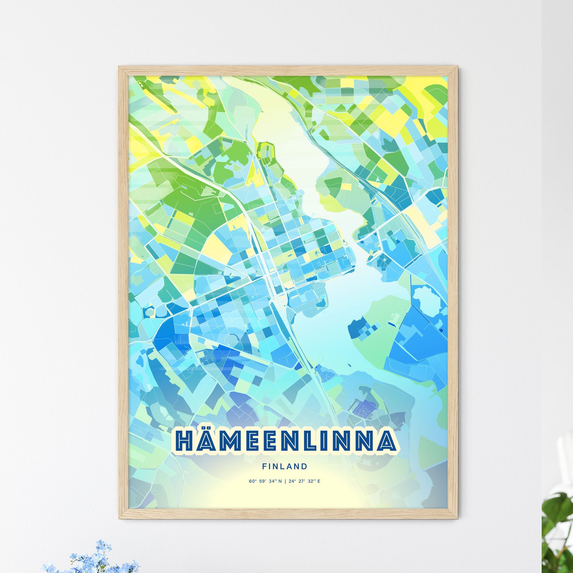 Colorful HÄMEENLINNA FINLAND Fine Art Map Cool Blue